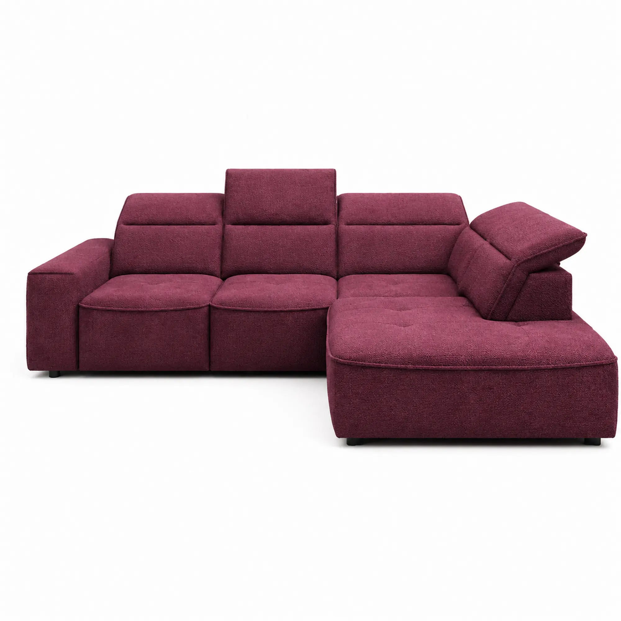 Coltar COLOMBO L, sezlong dreapta, stofa catifelata rosu bordo - Crown 06, cu reglaj electric, tetiere reglabile si lada depozitare, 296x227x103 cm