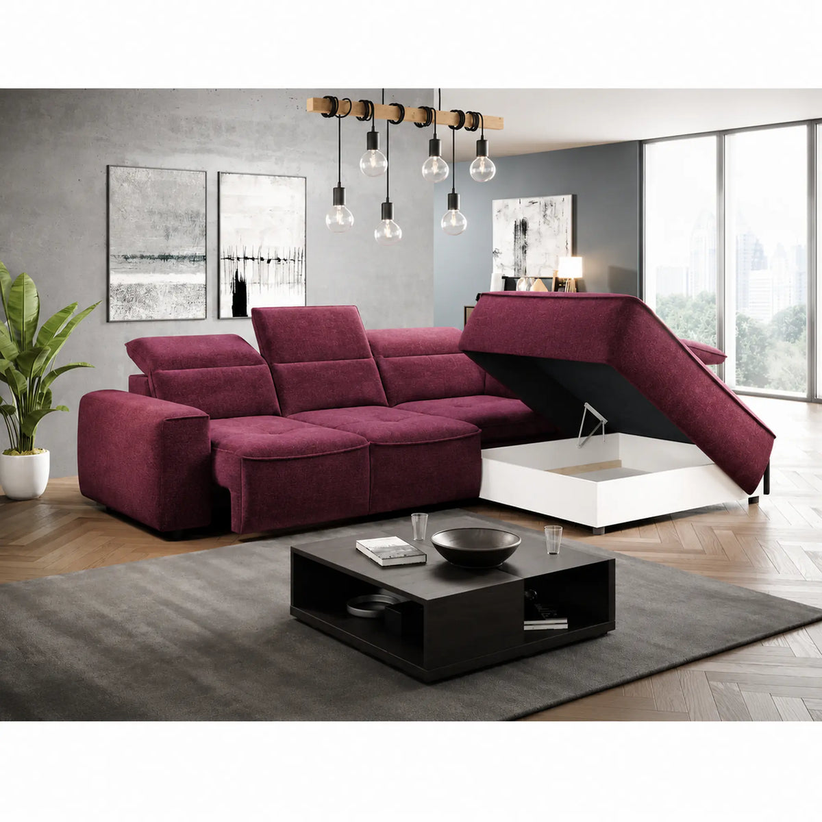 Coltar COLOMBO L, sezlong dreapta, stofa catifelata rosu bordo - Crown 06, cu reglaj electric, tetiere reglabile si lada depozitare, 296x227x103 cm