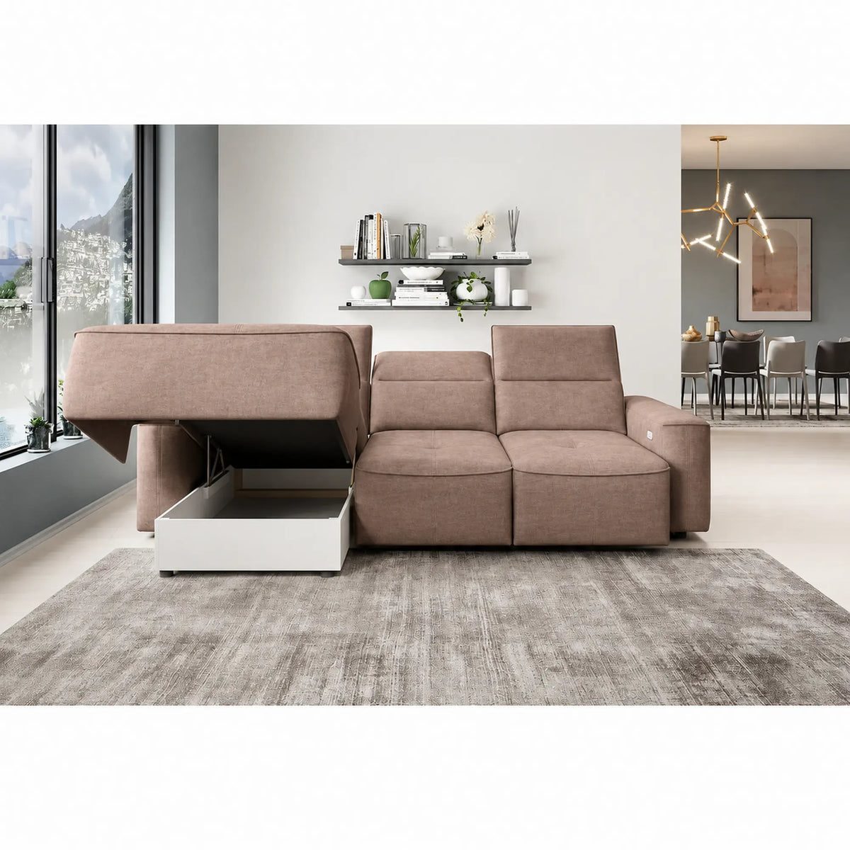 Coltar COLOMBO MINI, sezlong stanga, stofa catifelata maro deschis - Palladium 4, cu reglaj electric, tetiere reglabile si lada depozitare, 275x182x103 cm