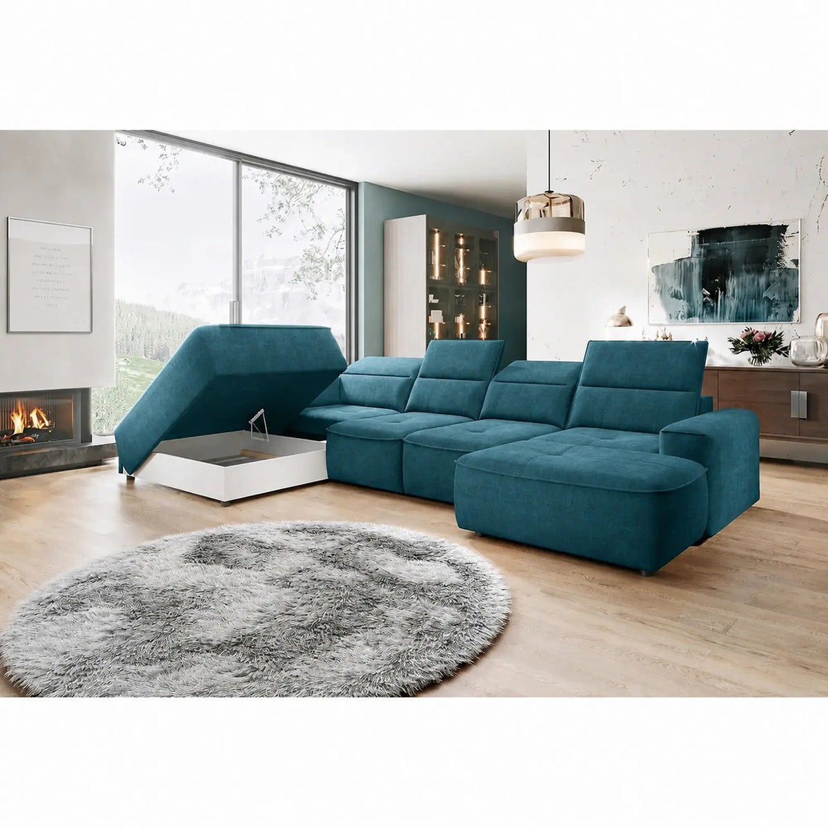 Coltar COLOMBO XL, sezlong stanga, stofa catifelata albastru azur - Element 14, cu lada depozitare si reglaj electric, 376x227x103 cm