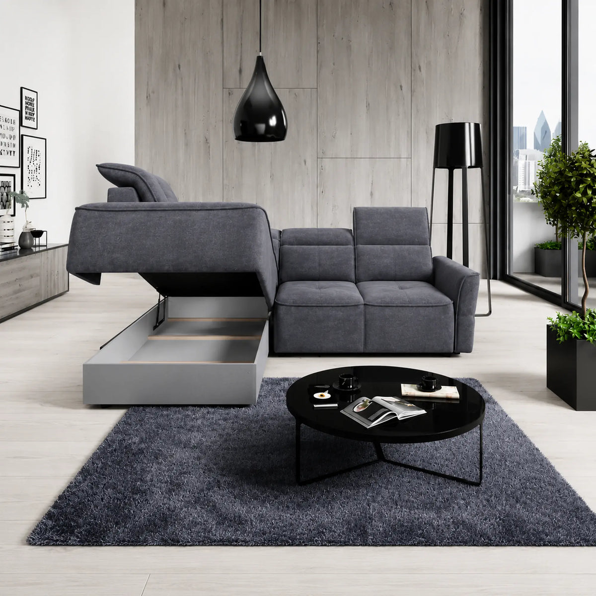 Coltar MURILLO L, sezlong stanga, stofa catifelata gri antracit - Whisper 18, cu reglaj electric, tetiere reglabile si lada depozitare, 261x218x100 cm
