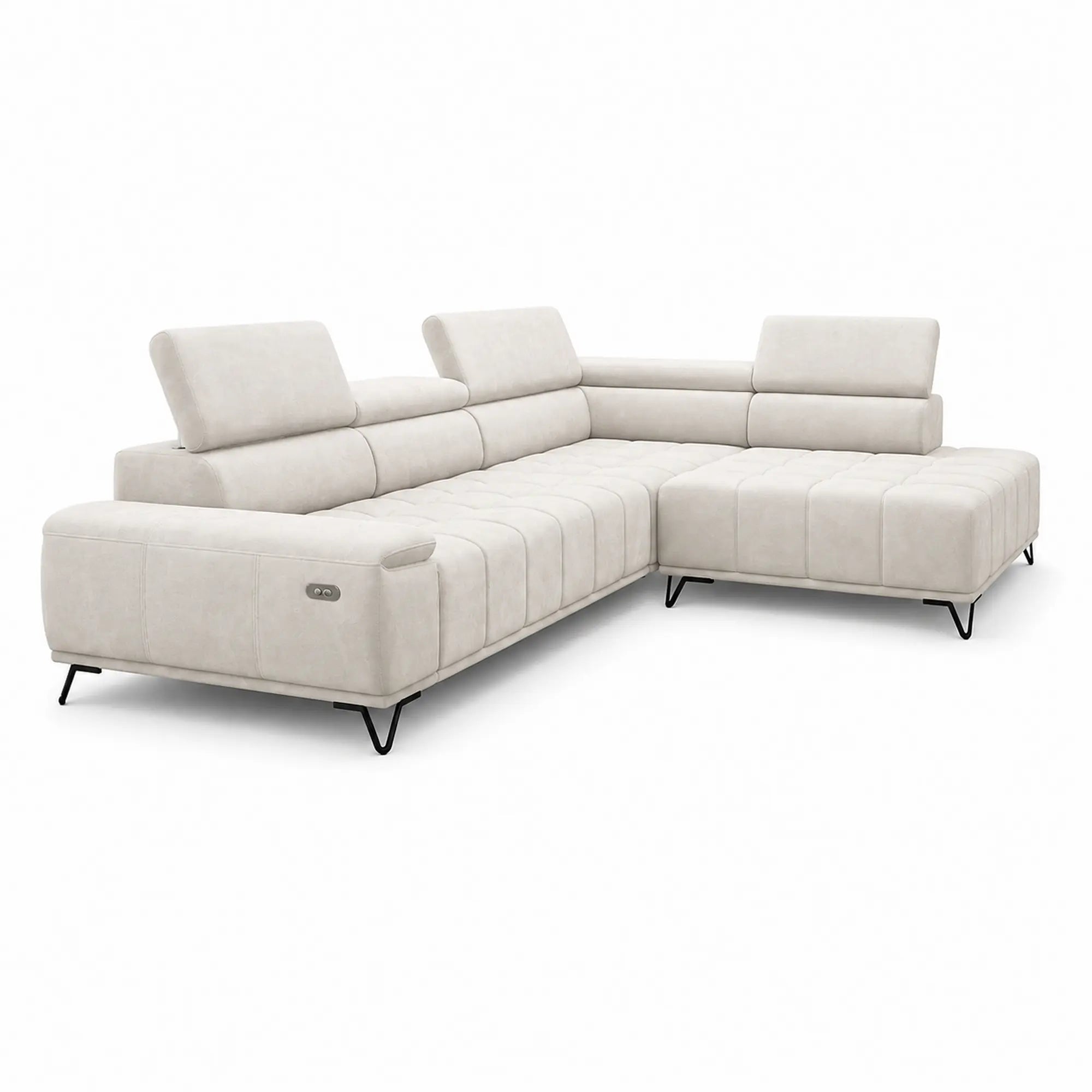 Coltar PALLADIO L, sezlong dreapta, stofa catifelata crem - Salvador 01, cu reglaj electric si tetiere reglabile, 320x220x99 cm