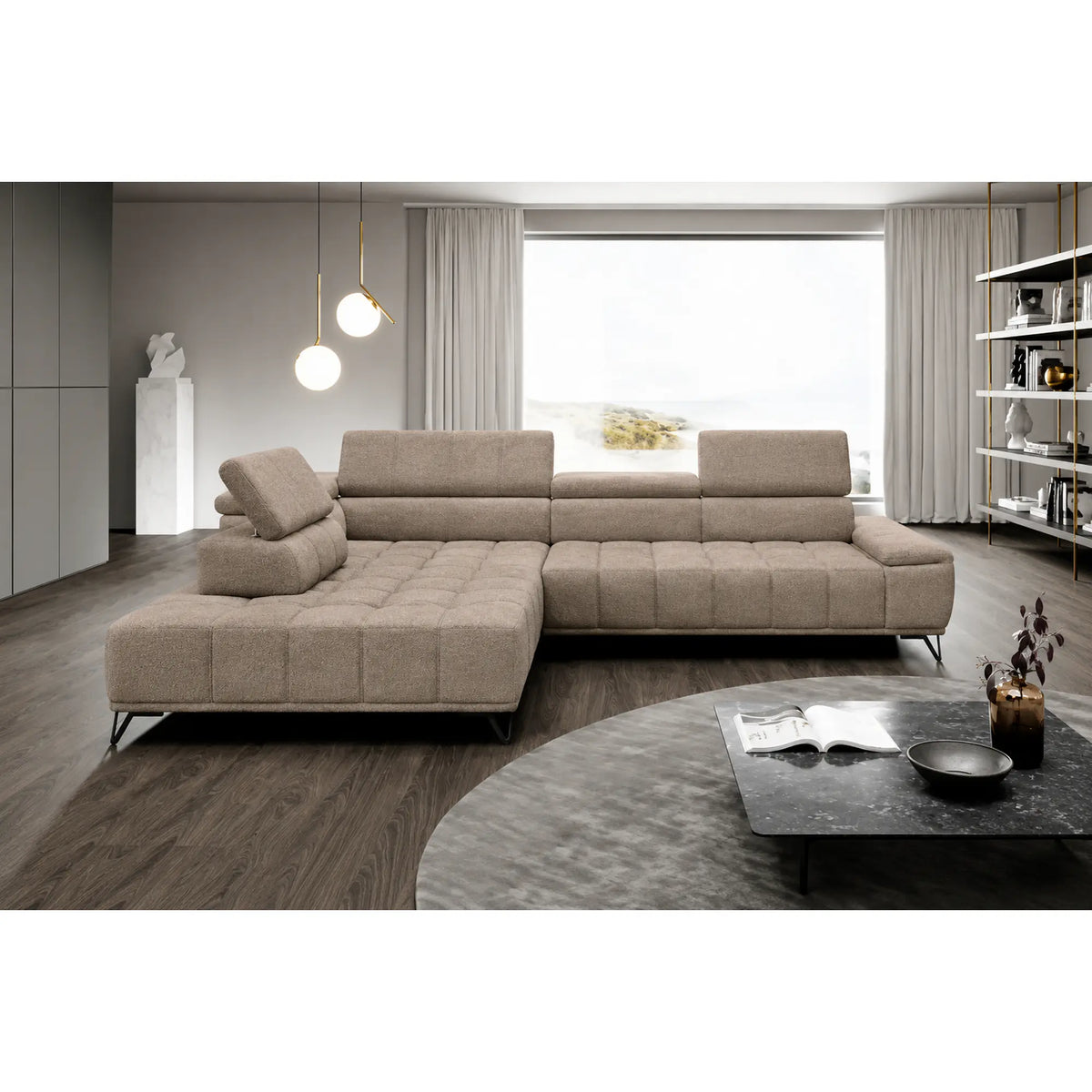 Coltar PALLADIO L, sezlong stanga, stofa catifelata bej - Vogue 02, cu reglaj electric si tetiere reglabile, 320x220x99 cm