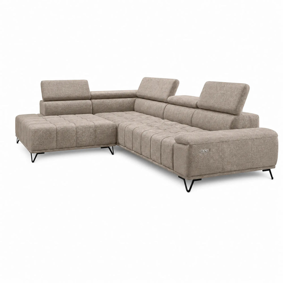 Coltar PALLADIO L, sezlong stanga, stofa catifelata bej - Vogue 02, cu reglaj electric si tetiere reglabile, 320x220x99 cm