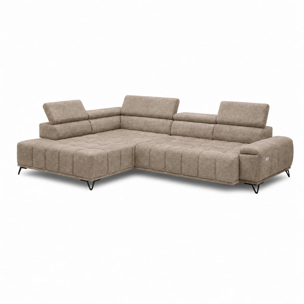 Coltar PALLADIO L, sezlong stanga, stofa catifelata bej - Vogue 02, cu reglaj electric si tetiere reglabile, 320x220x99 cm