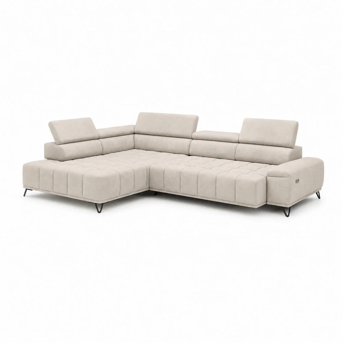 Coltar PALLADIO L, sezlong stanga, stofa catifelata bej - Vogue 1, cu reglaj electric si tetiere reglabile, 320x220x99 cm