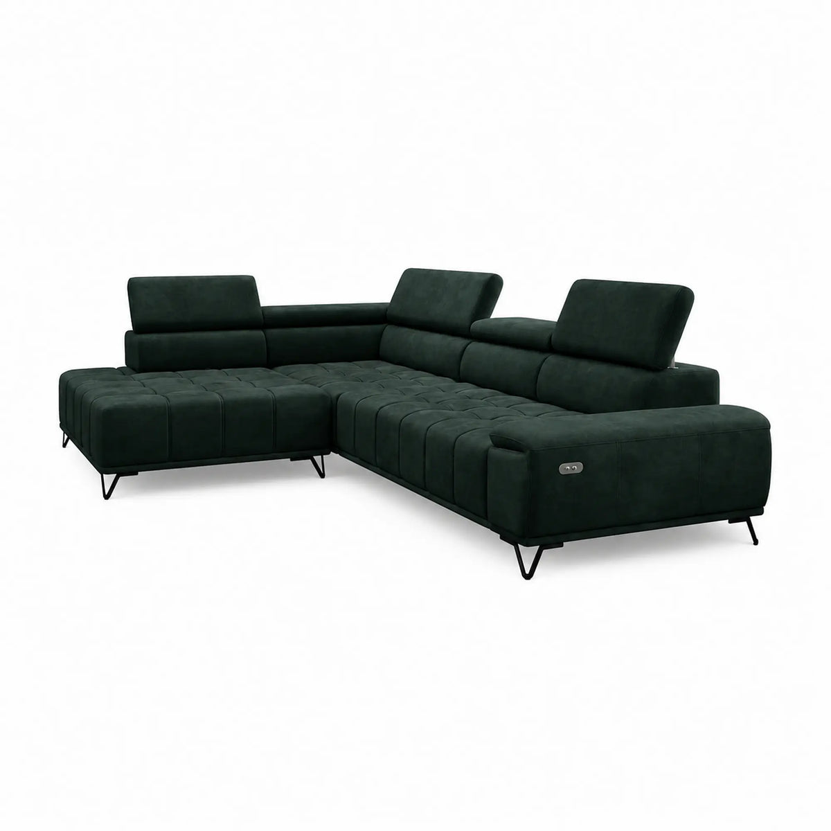 Coltar PALLADIO L, sezlong stanga, stofa catifelata verde inchis - Element 12, cu reglaj electric si tetiere reglabile, 320x220x99 cm