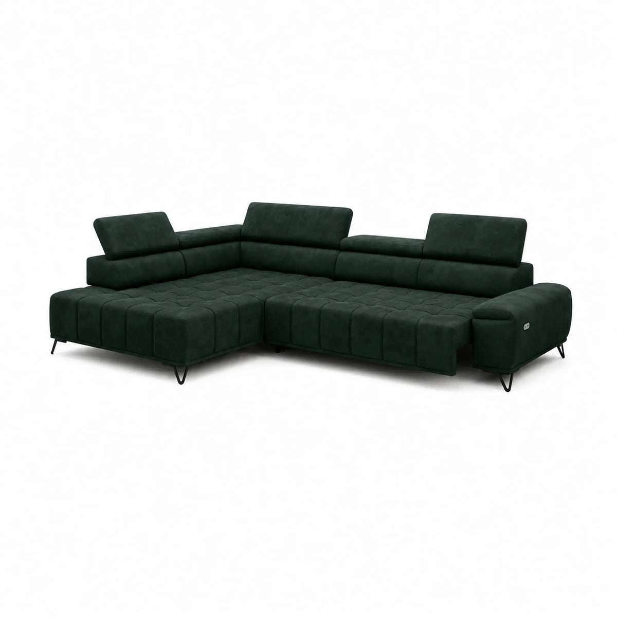 Coltar PALLADIO L, sezlong stanga, stofa catifelata verde inchis - Element 12, cu reglaj electric si tetiere reglabile, 320x220x99 cm