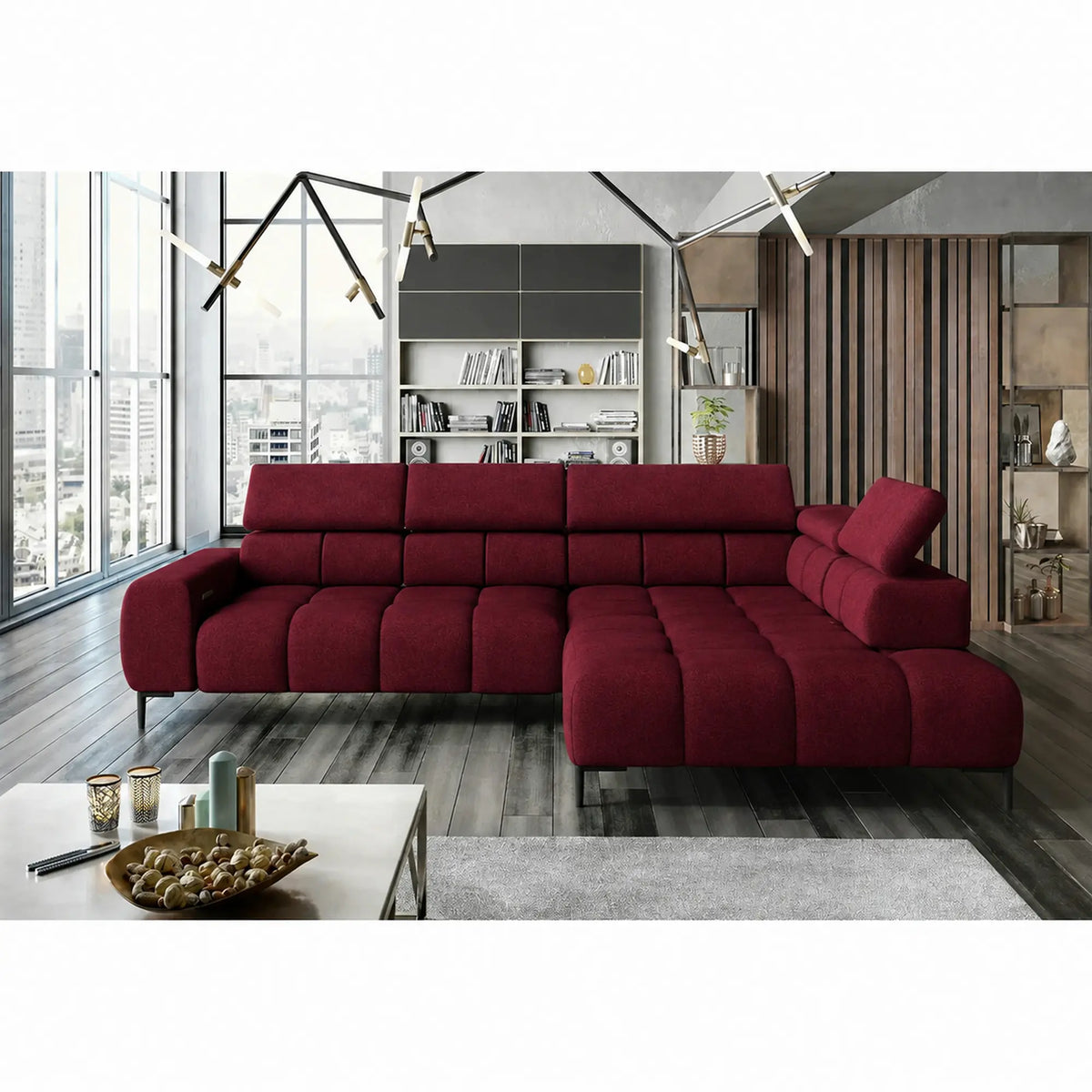 Coltar PLAZA L, sezlong dreapta, stofa catifelata rosu - Vogue 7, cu reglaj electric si tetiere reglabile, 300x216x99 cm