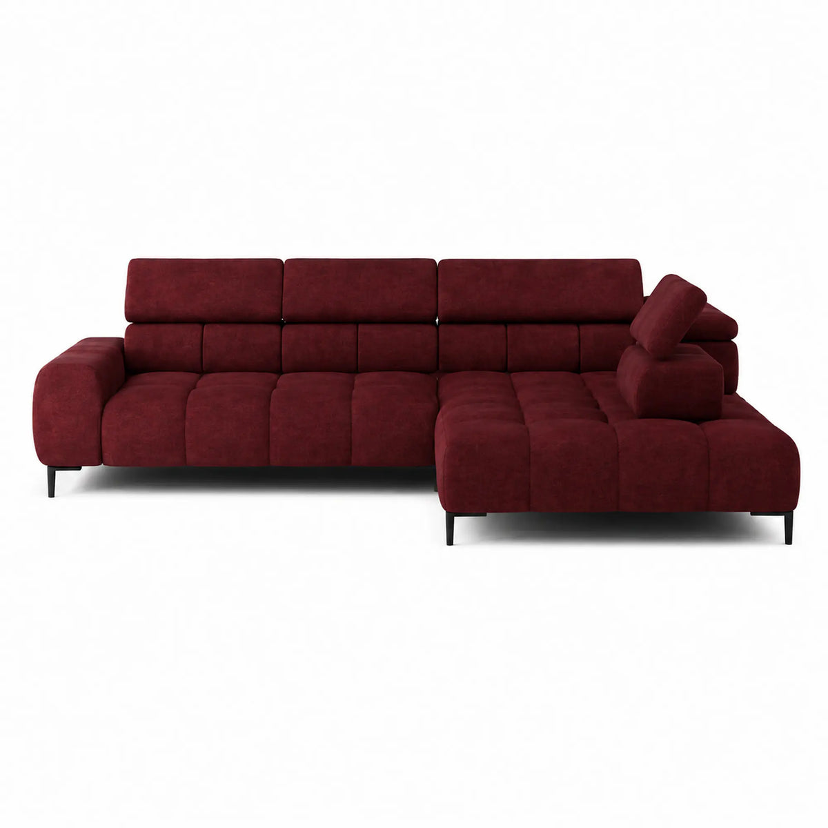 Coltar PLAZA L, sezlong dreapta, stofa catifelata rosu - Vogue 7, cu reglaj electric si tetiere reglabile, 300x216x99 cm