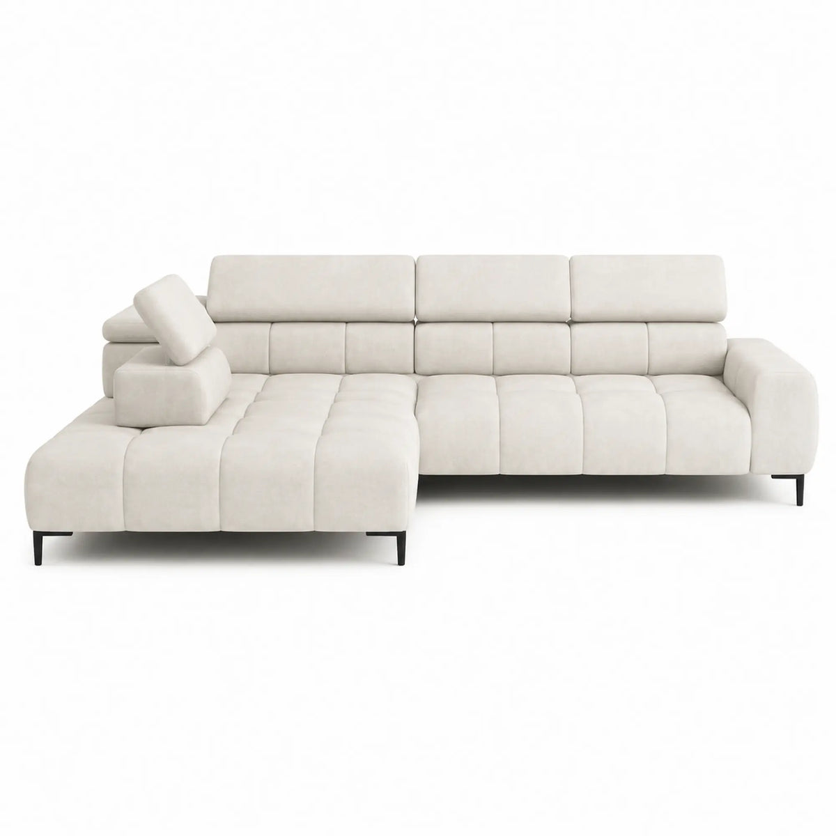 Coltar PLAZA MINI, sezlong stanga, stofa catifelata crem - Salvador 01, cu reglaj electric si tetiere reglabile, 270x177x99 cm