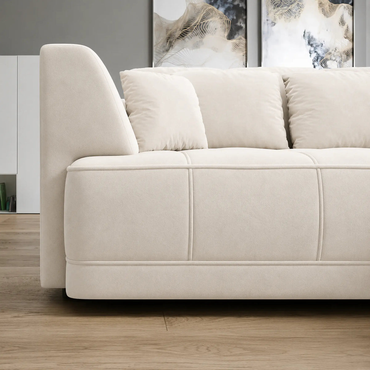 Coltar TIGA, sezlong dreapta, stofa catifelata crem - Salvador 1, cu reglaj electric, 286x207x77 cm