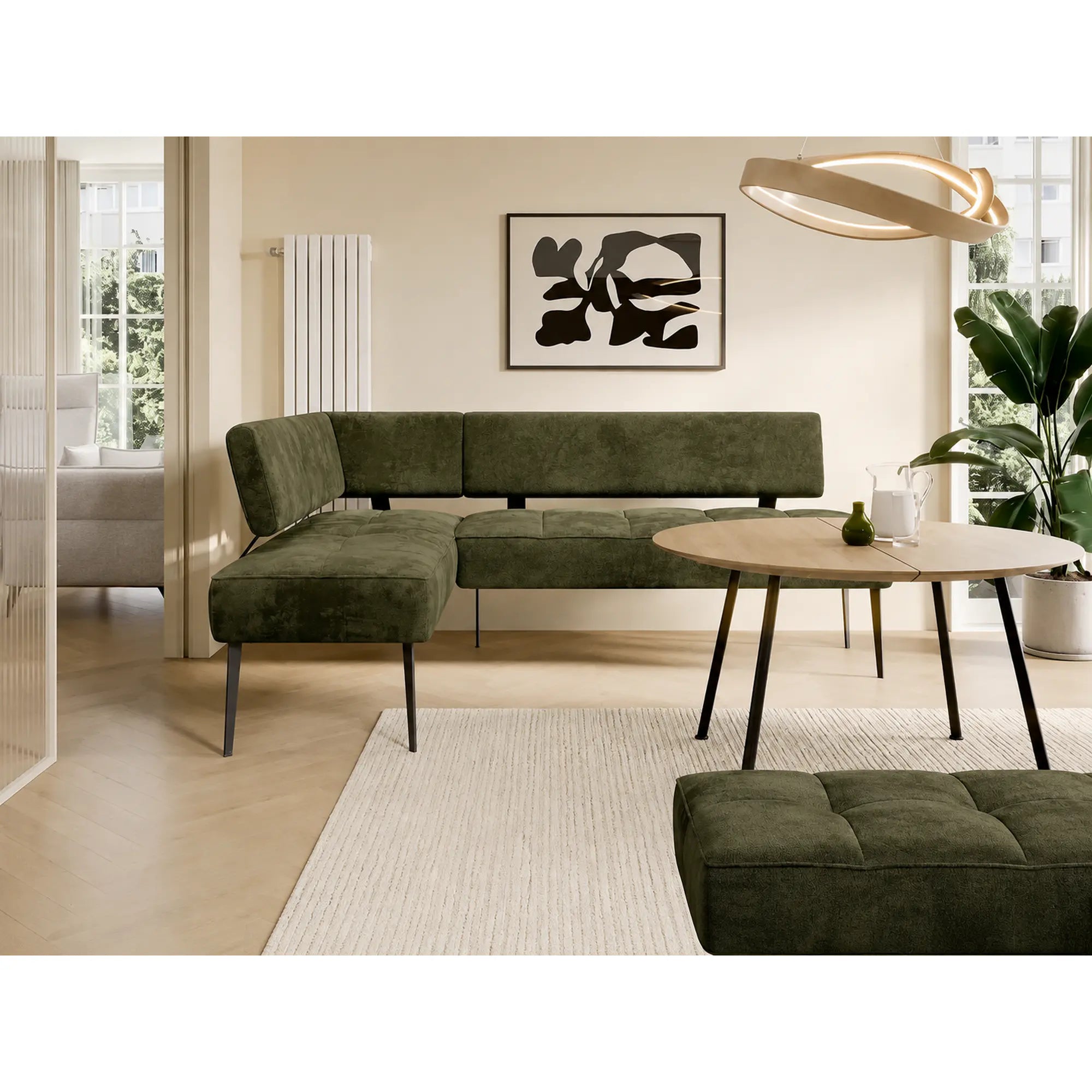 Coltar bucatarie BANCO, sezlong stanga, stofa catifelata verde inchis - Whisper 11, 213x164x89 cm