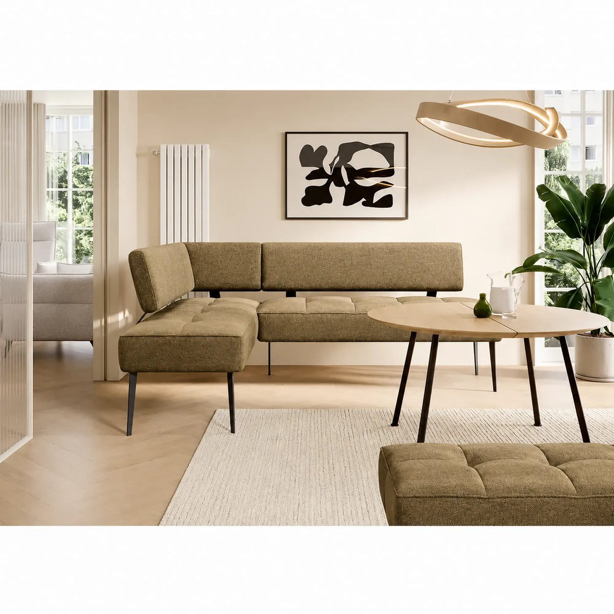 Coltar bucatarie BANCO, sezlong stanga, stofa catifelata verde olive - Salvador 10, 213x164x89 cm