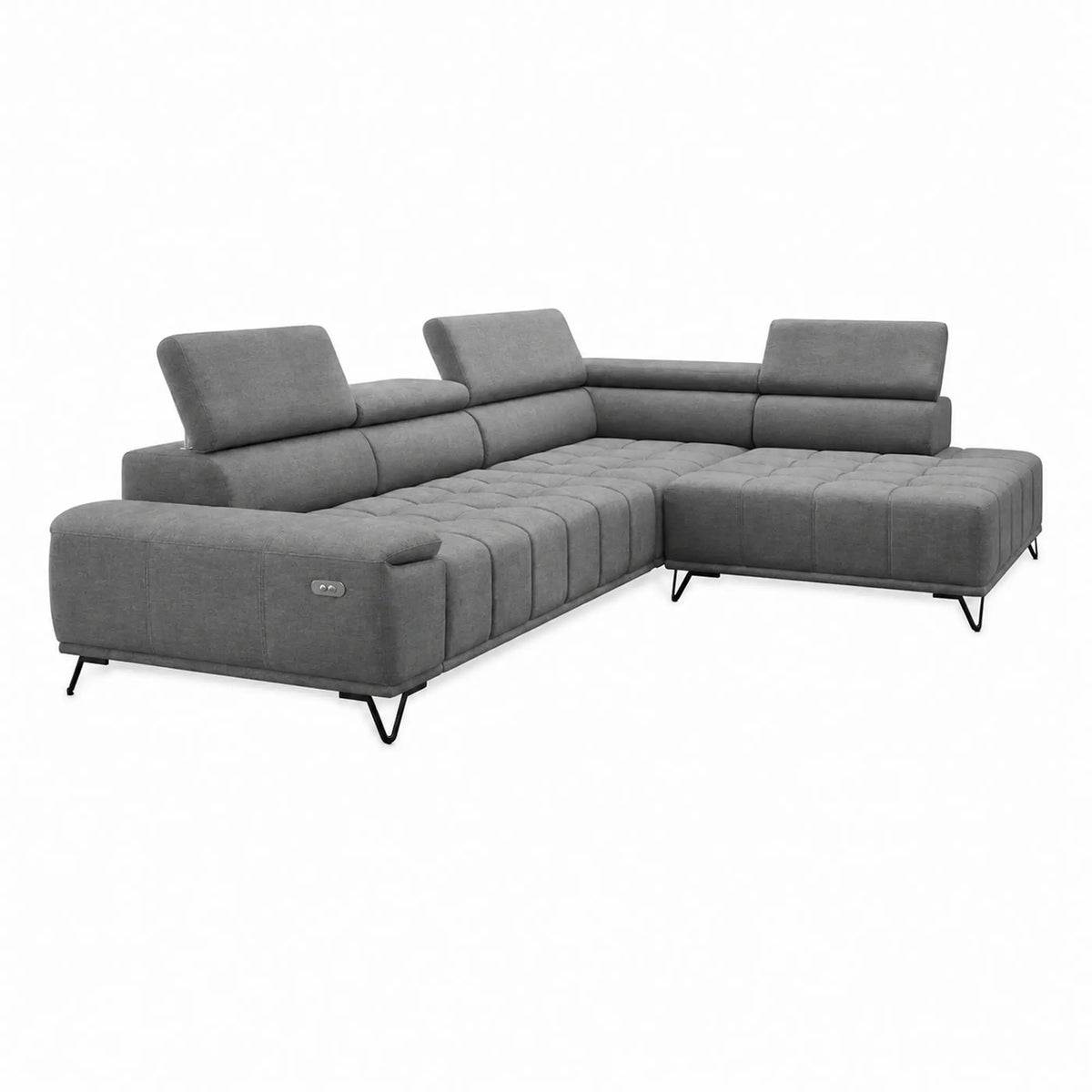 Coltar cu sezlong PALLADIO L, sezlong dreapta, stofa catifelata gri - Riviera 91, cu reglaj electric si tetiere reglabile, 320x220x99 cm