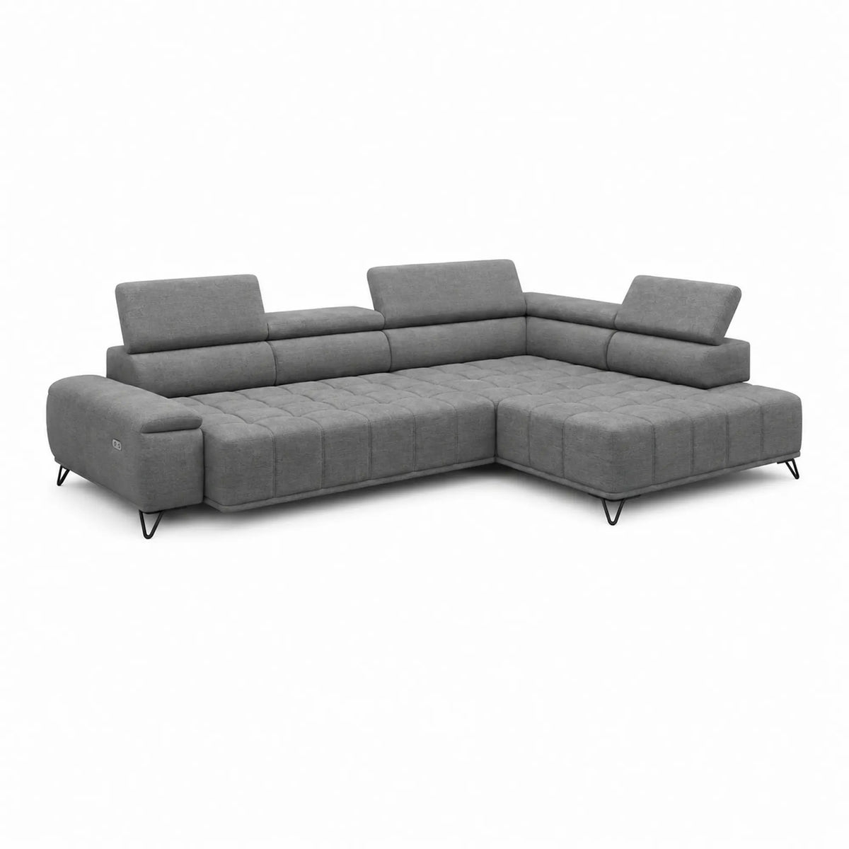 Coltar cu sezlong PALLADIO L, sezlong dreapta, stofa catifelata gri - Riviera 91, cu reglaj electric si tetiere reglabile, 320x220x99 cm