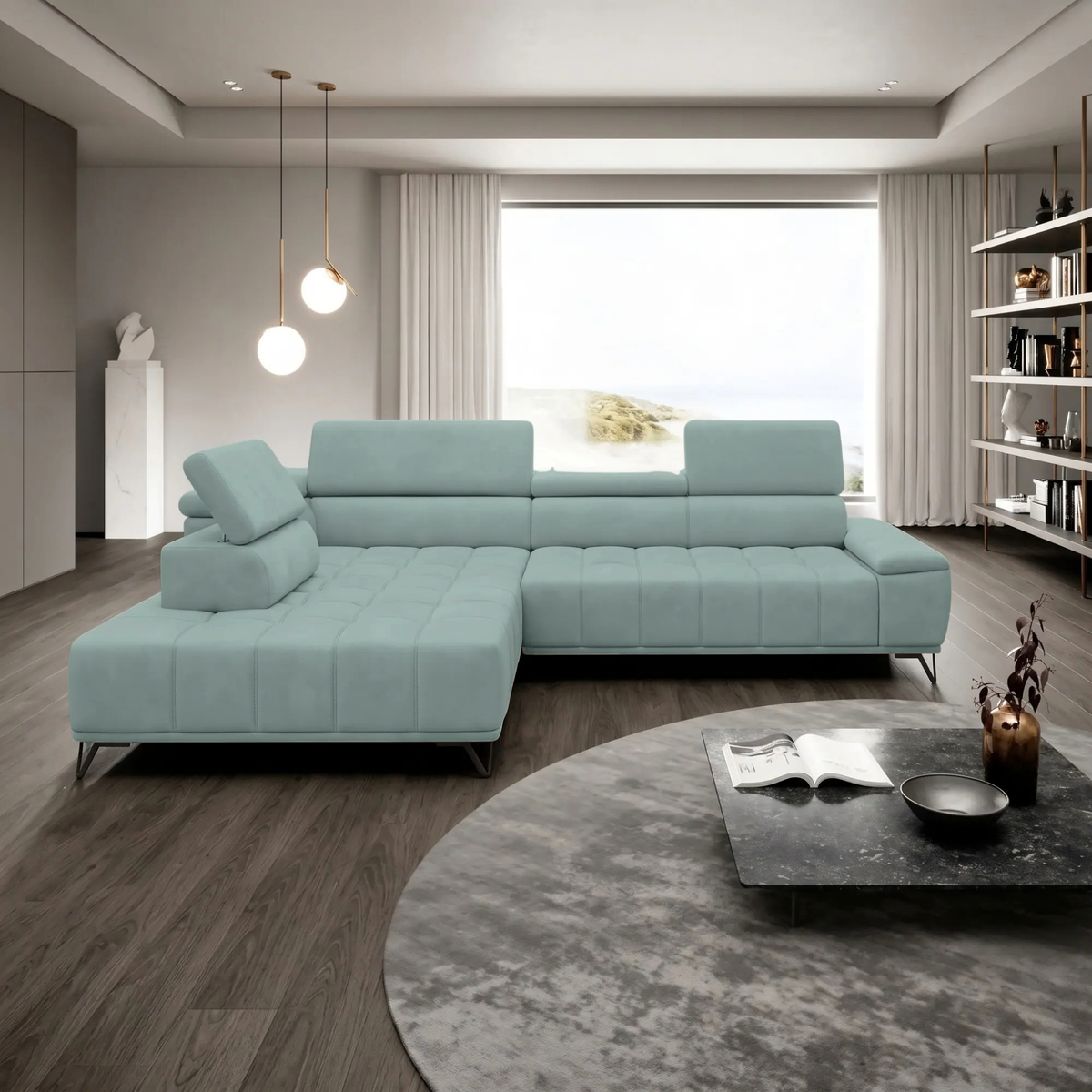 Coltar cu sezlong PALLADIO L, sezlong stanga, stofa catifelata verde - Salvador 12, cu reglaj electric si tetiere reglabile, 320x220x99 cm