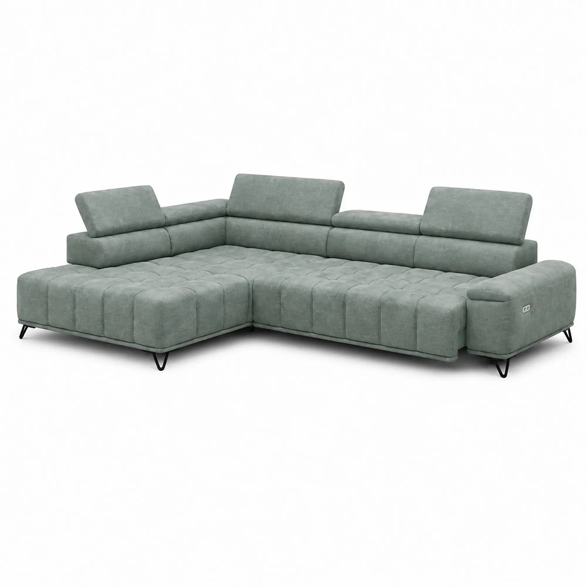 Coltar cu sezlong PALLADIO L, sezlong stanga, stofa catifelata verde - Salvador 12, cu reglaj electric si tetiere reglabile, 320x220x99 cm