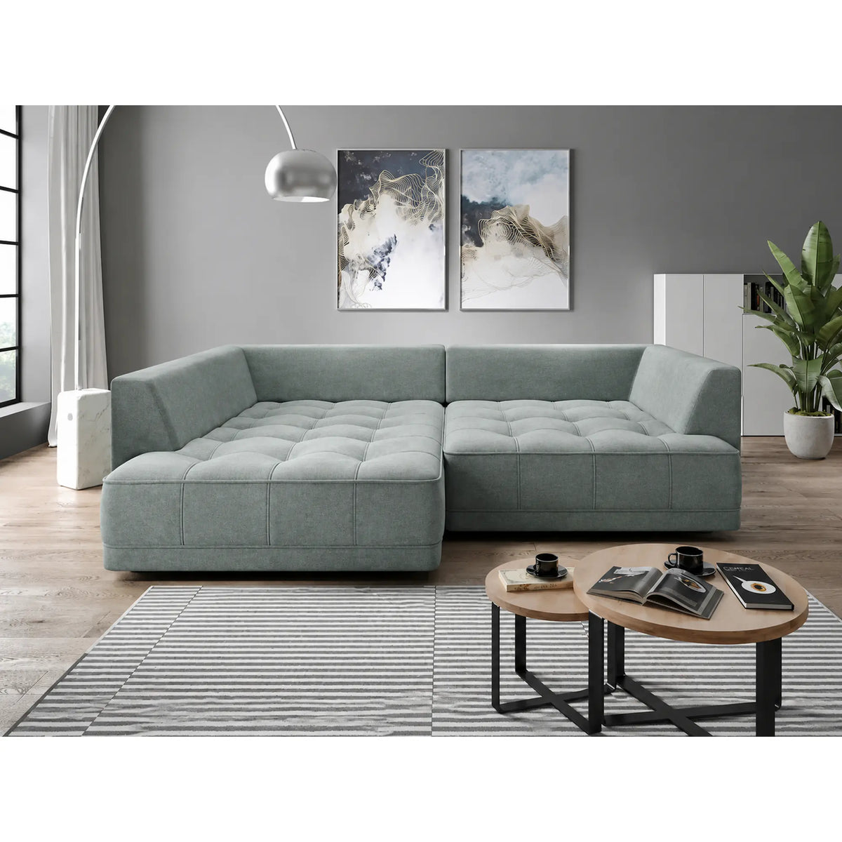 Coltar de living TIGA, sezlong stanga, stofa catifelata verde menta - Salvador 12, cu reglaj electric, 286x207x77 cm