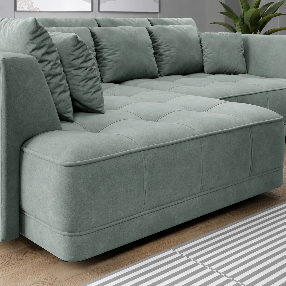 Coltar de living TIGA, sezlong stanga, stofa catifelata verde menta - Salvador 12, cu reglaj electric, 286x207x77 cm