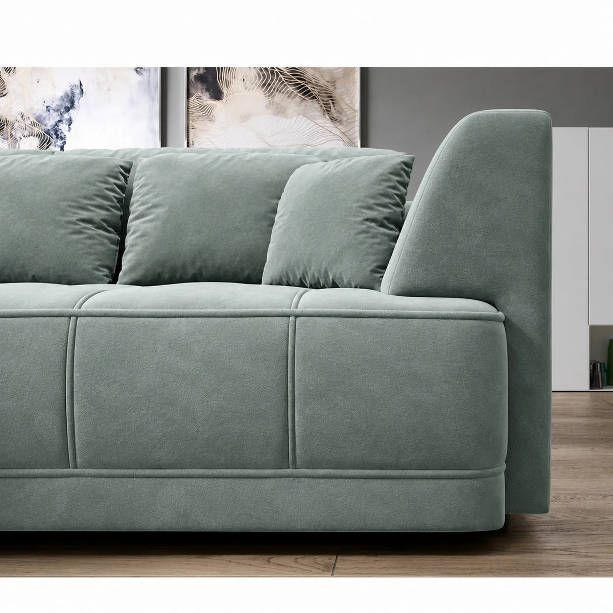 Coltar de living TIGA, sezlong stanga, stofa catifelata verde menta - Salvador 12, cu reglaj electric, 286x207x77 cm