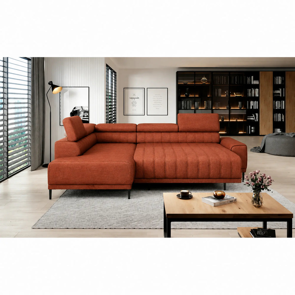 Coltar extensibil CALDO L, sezlong stanga, stofa catifelata caramizie - Salvador 07, cu lada depozitare si tetiere reglabile, 268x200x99 cm