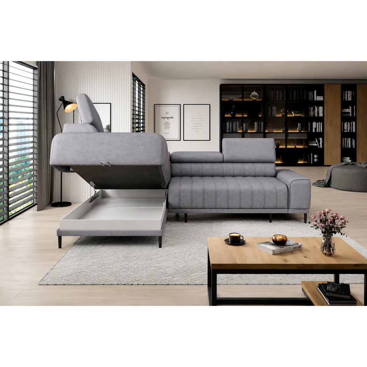 Coltar extensibil CALDO L, sezlong stanga, stofa catifelata gri - Whisper 17, cu lada depozitare si tetiere reglabile, 268x200x99 cm