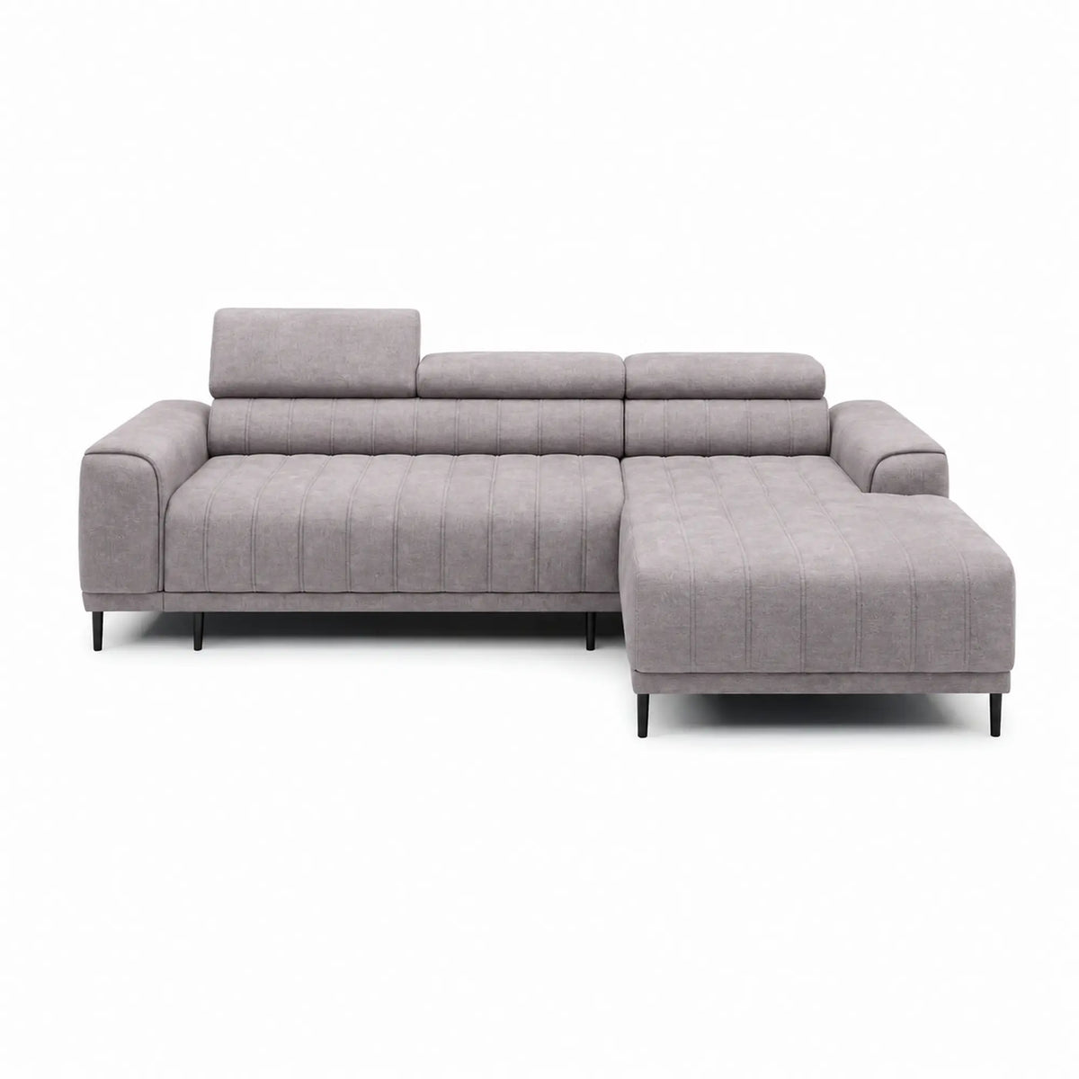 Coltar extensibil CALDO MINI, sezlong dreapta, stofa catifelata bej - Whisper 03, cu lada depozitare si tetiere reglabile, 272x178x99 cm