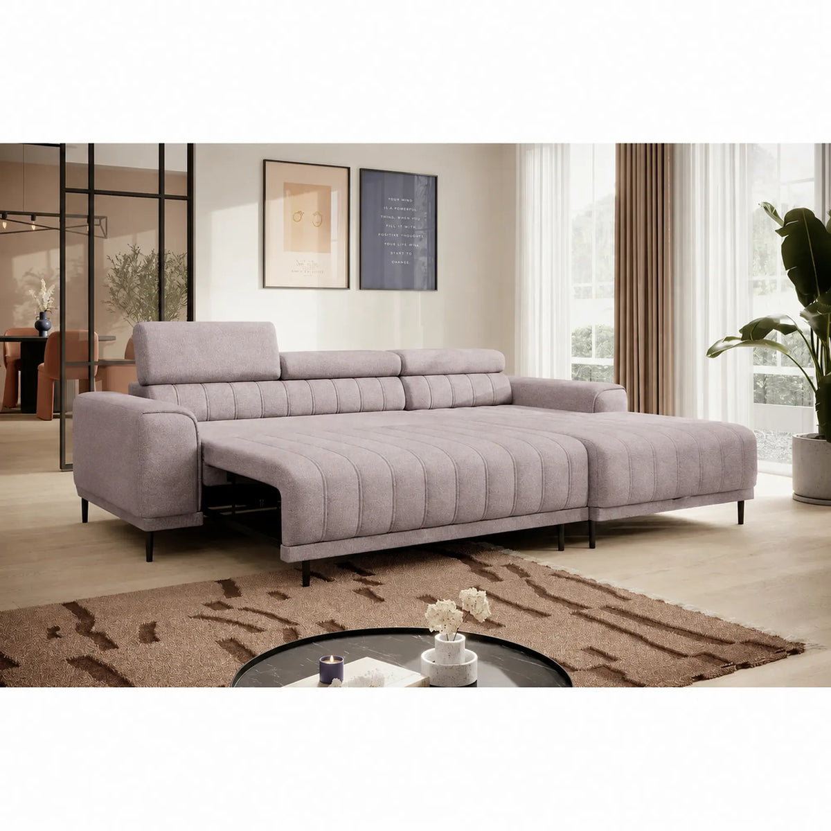 Coltar extensibil CALDO MINI, sezlong dreapta, stofa catifelata bej - Whisper 03, cu lada depozitare si tetiere reglabile, 272x178x99 cm