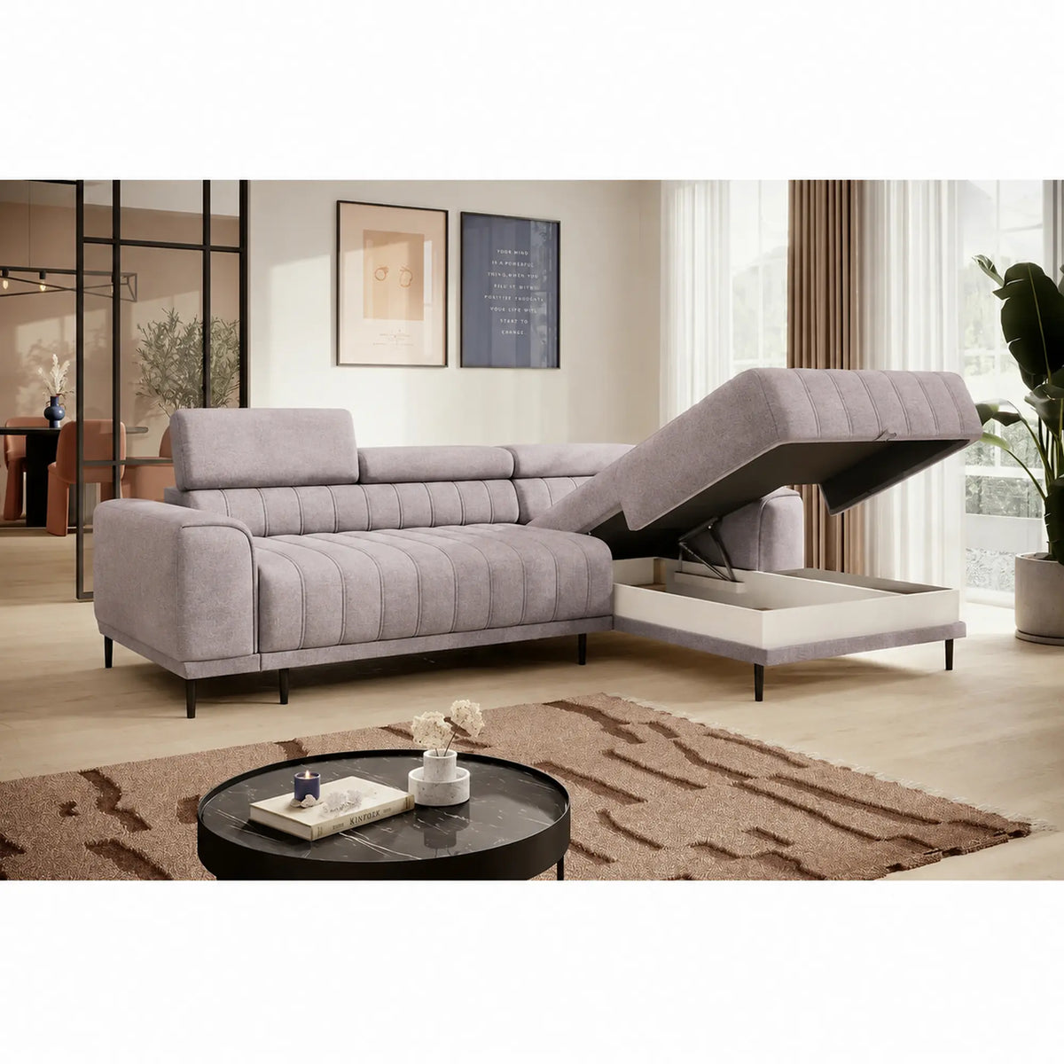 Coltar extensibil CALDO MINI, sezlong dreapta, stofa catifelata bej - Whisper 03, cu lada depozitare si tetiere reglabile, 272x178x99 cm