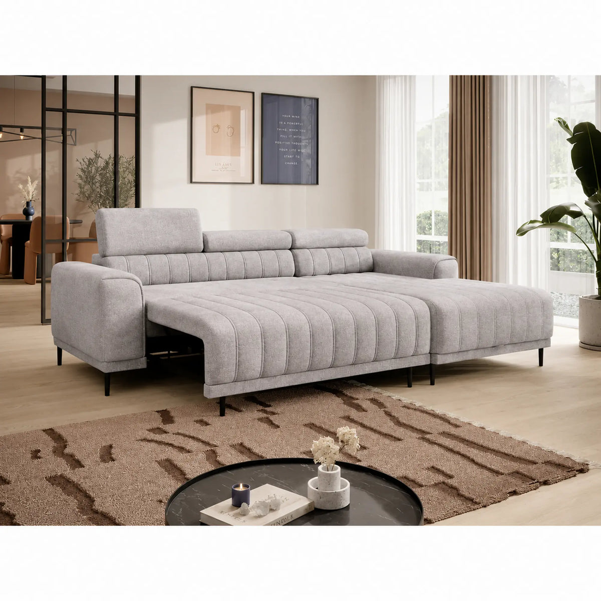Coltar extensibil CALDO MINI, sezlong dreapta, stofa catifelata gri deschis - Cloud 81, cu lada depozitare si tetiere reglabile, 272x178x99 cm