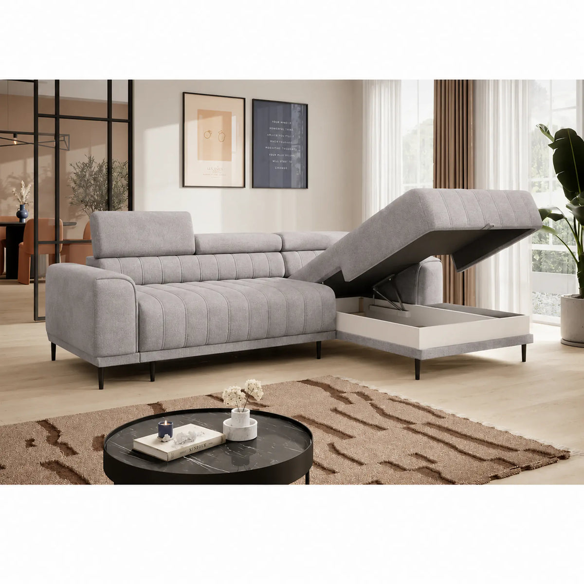 Coltar extensibil CALDO MINI, sezlong dreapta, stofa catifelata gri deschis - Cloud 81, cu lada depozitare si tetiere reglabile, 272x178x99 cm