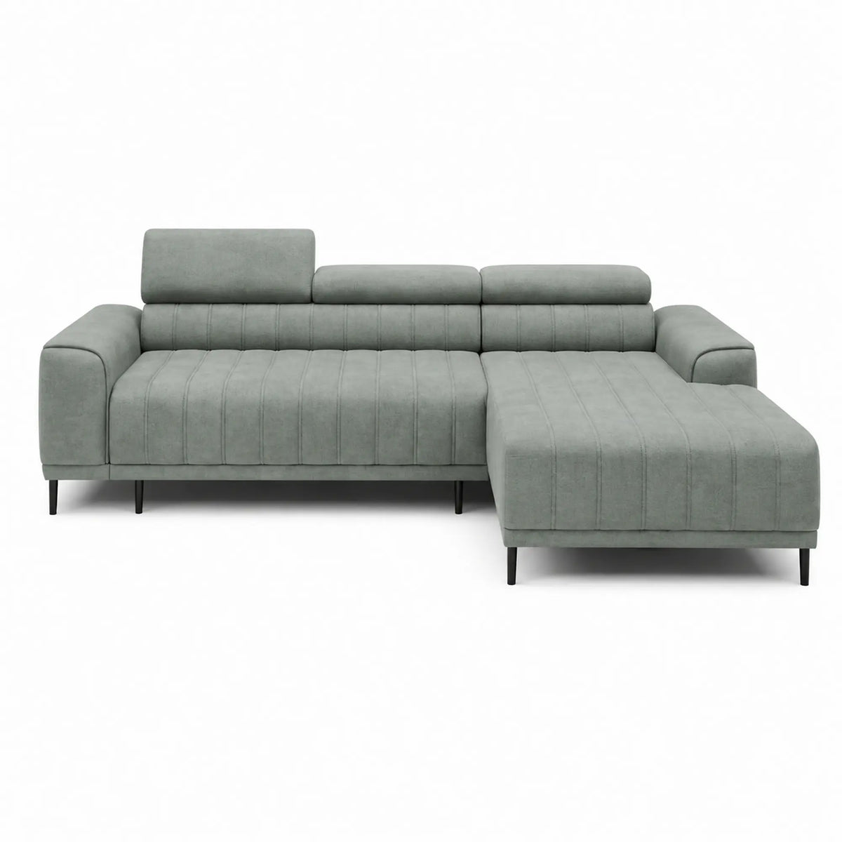 Coltar extensibil CALDO MINI, sezlong dreapta, stofa catifelata verde menta - Salvador 12, cu lada depozitare si tetiere reglabile, 272x178x99 cm