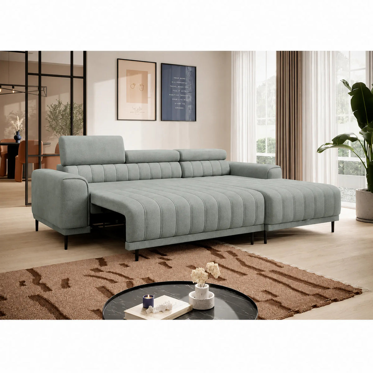 Coltar extensibil CALDO MINI, sezlong dreapta, stofa catifelata verde menta - Salvador 12, cu lada depozitare si tetiere reglabile, 272x178x99 cm