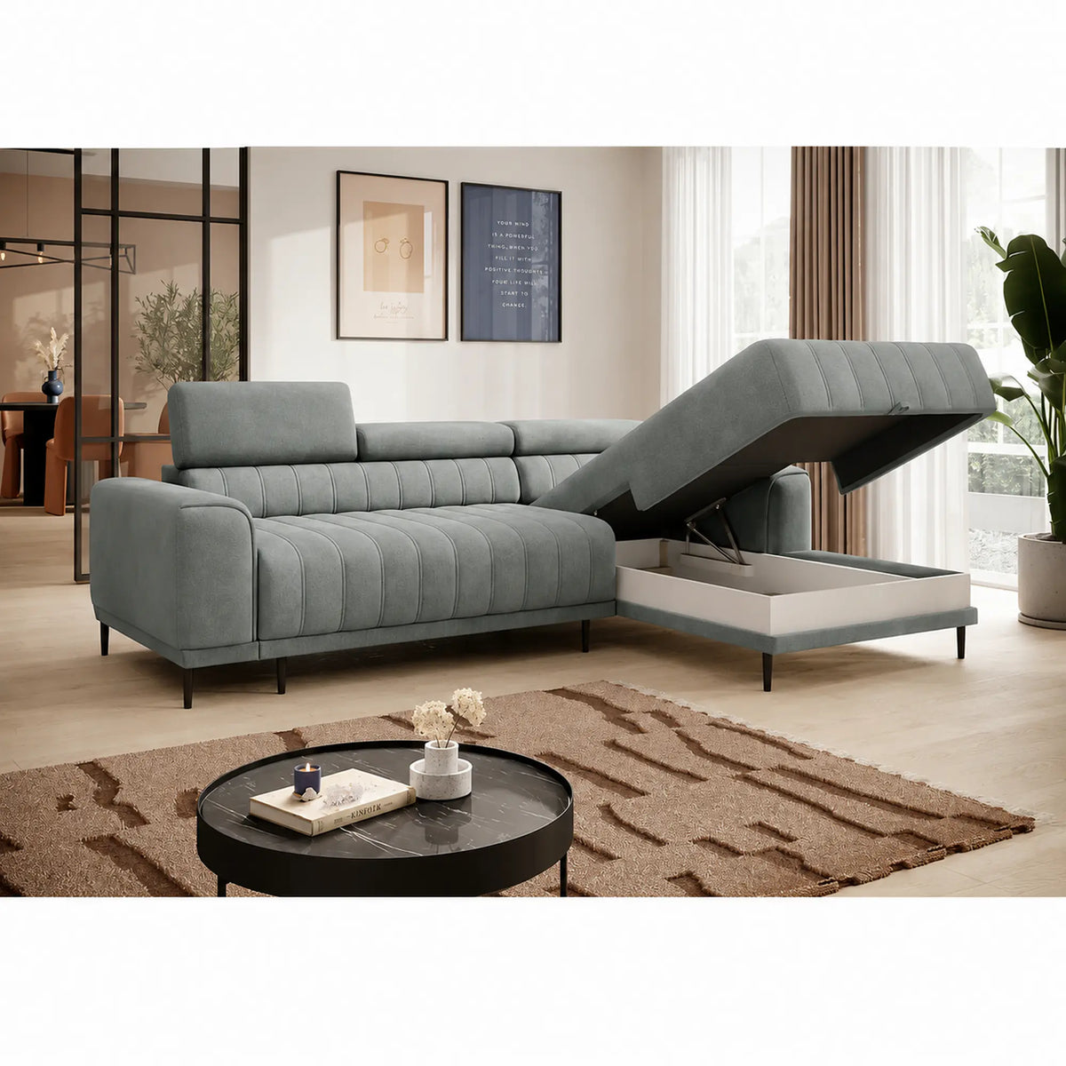 Coltar extensibil CALDO MINI, sezlong dreapta, stofa catifelata verde menta - Salvador 12, cu lada depozitare si tetiere reglabile, 272x178x99 cm