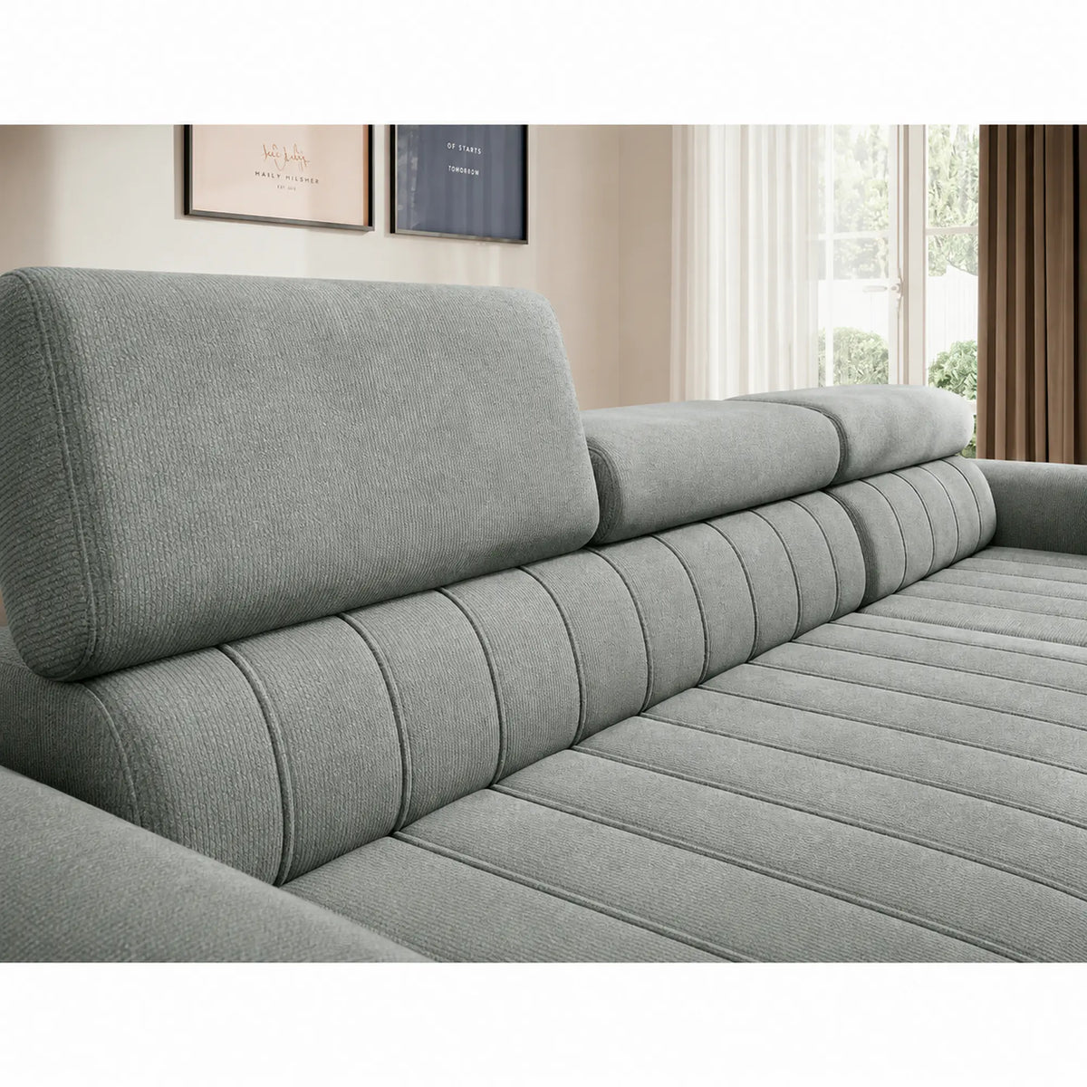 Coltar extensibil CALDO MINI, sezlong dreapta, stofa catifelata verde menta - Salvador 12, cu lada depozitare si tetiere reglabile, 272x178x99 cm