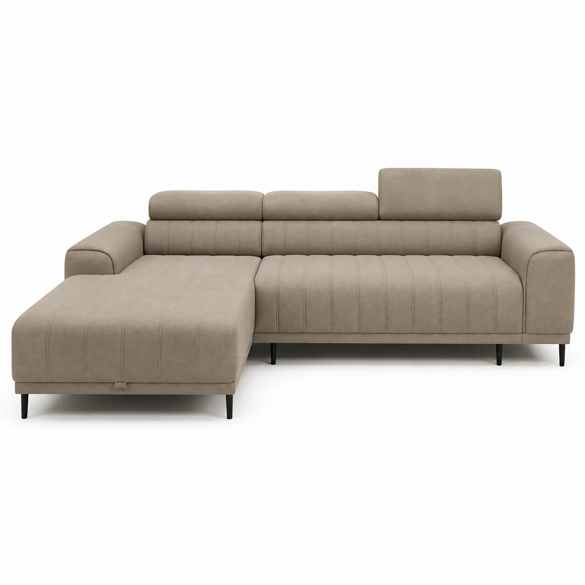 Coltar extensibil CALDO MINI, sezlong stanga, stofa catifelata bej - Riviera 16, cu lada depozitare si tetiere reglabile, 272x178x99 cm
