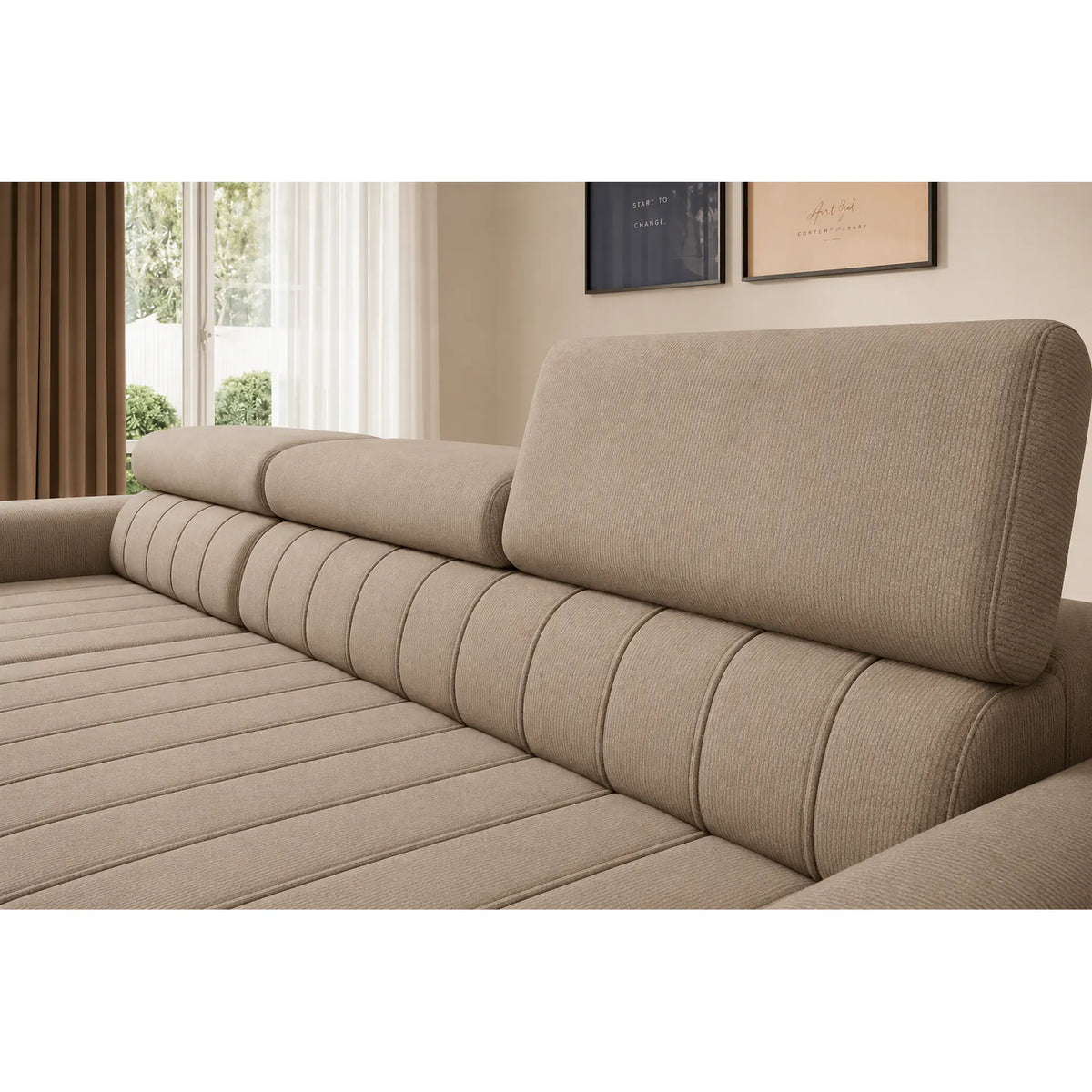 Coltar extensibil CALDO MINI, sezlong stanga, stofa catifelata bej - Riviera 16, cu lada depozitare si tetiere reglabile, 272x178x99 cm