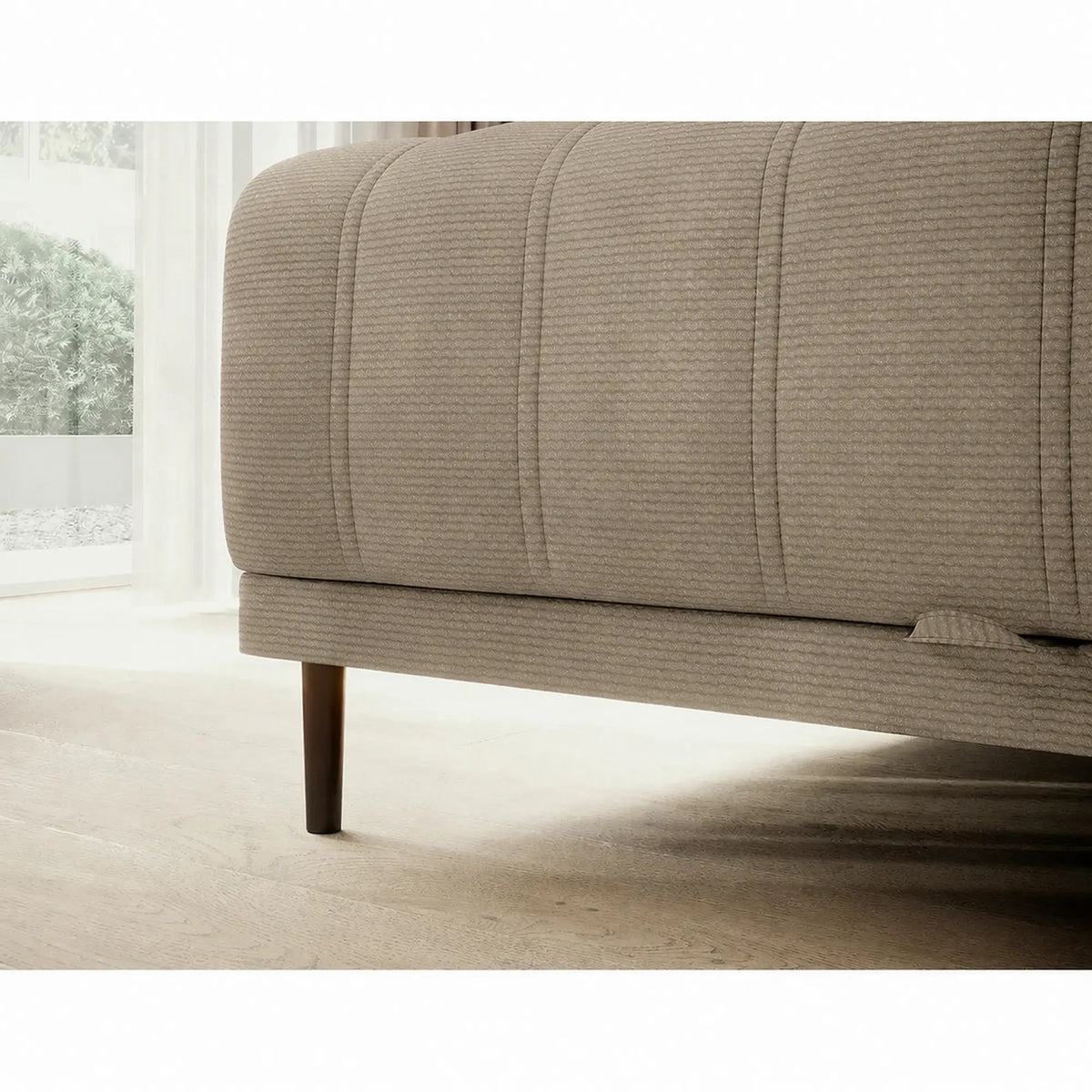 Coltar extensibil CALDO MINI, sezlong stanga, stofa catifelata bej - Riviera 16, cu lada depozitare si tetiere reglabile, 272x178x99 cm