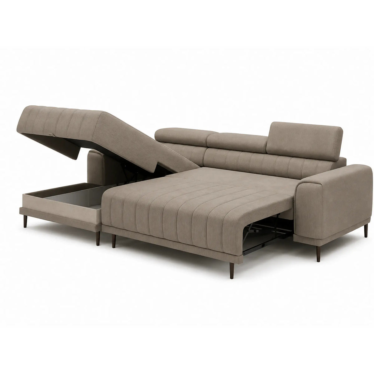 Coltar extensibil CALDO MINI, sezlong stanga, stofa catifelata bej - Riviera 16, cu lada depozitare si tetiere reglabile, 272x178x99 cm