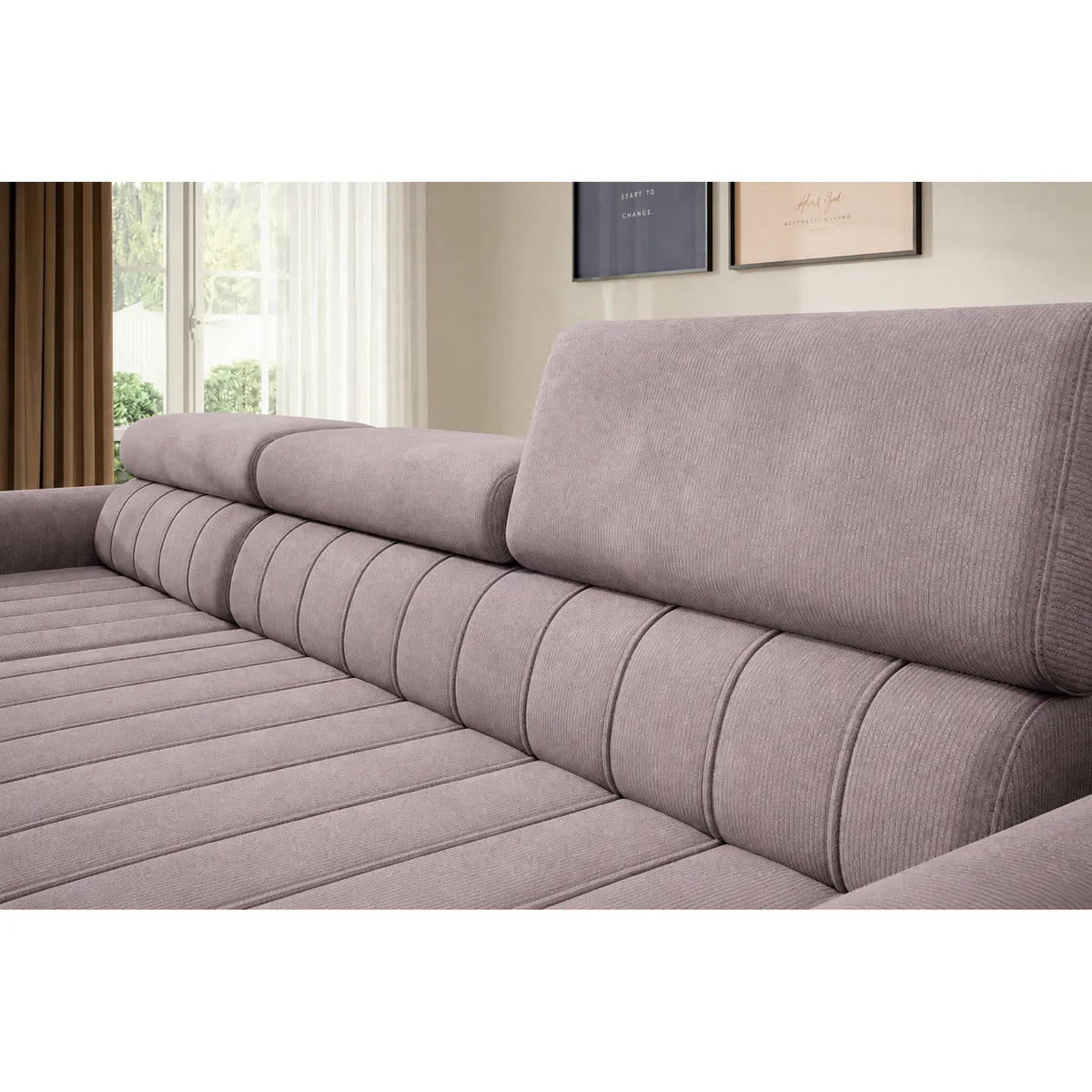 Coltar extensibil CALDO MINI, sezlong stanga, stofa catifelata bej - Whisper 03, cu lada depozitare si tetiere reglabile, 272x178x99 cm