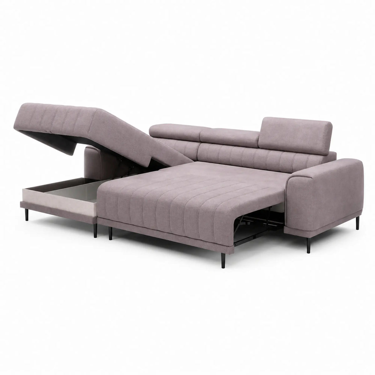 Coltar extensibil CALDO MINI, sezlong stanga, stofa catifelata bej - Whisper 03, cu lada depozitare si tetiere reglabile, 272x178x99 cm