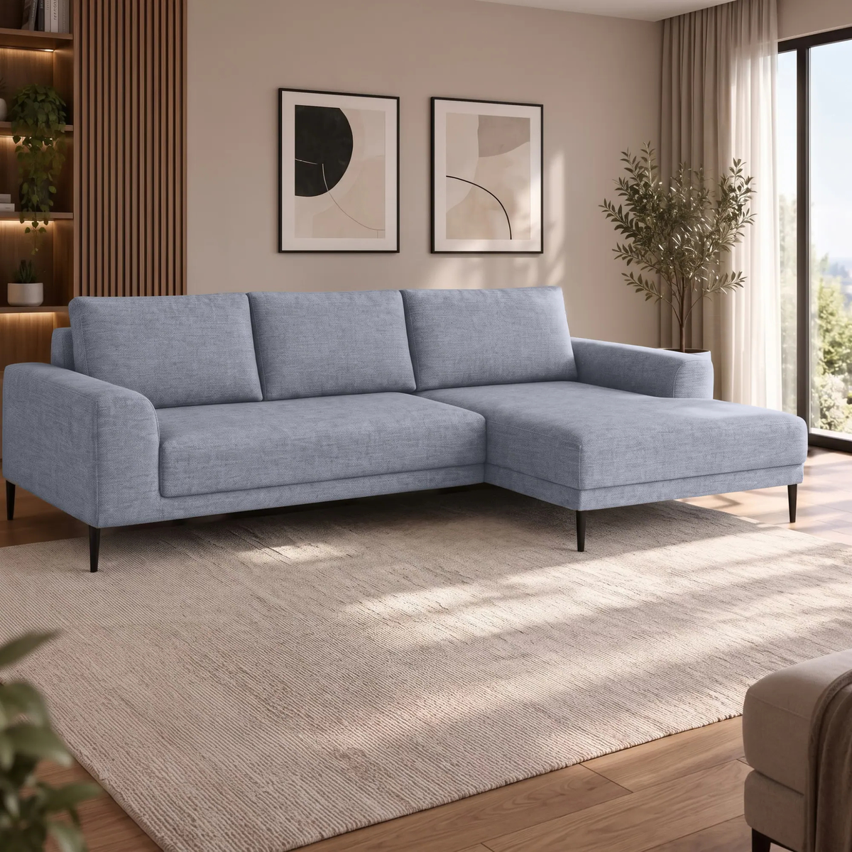 Coltar extensibil CAPITOL, sezlong dreapta, stofa catifelata gri - Whisper 17, cu lada depozitare, 276x175x89 cm