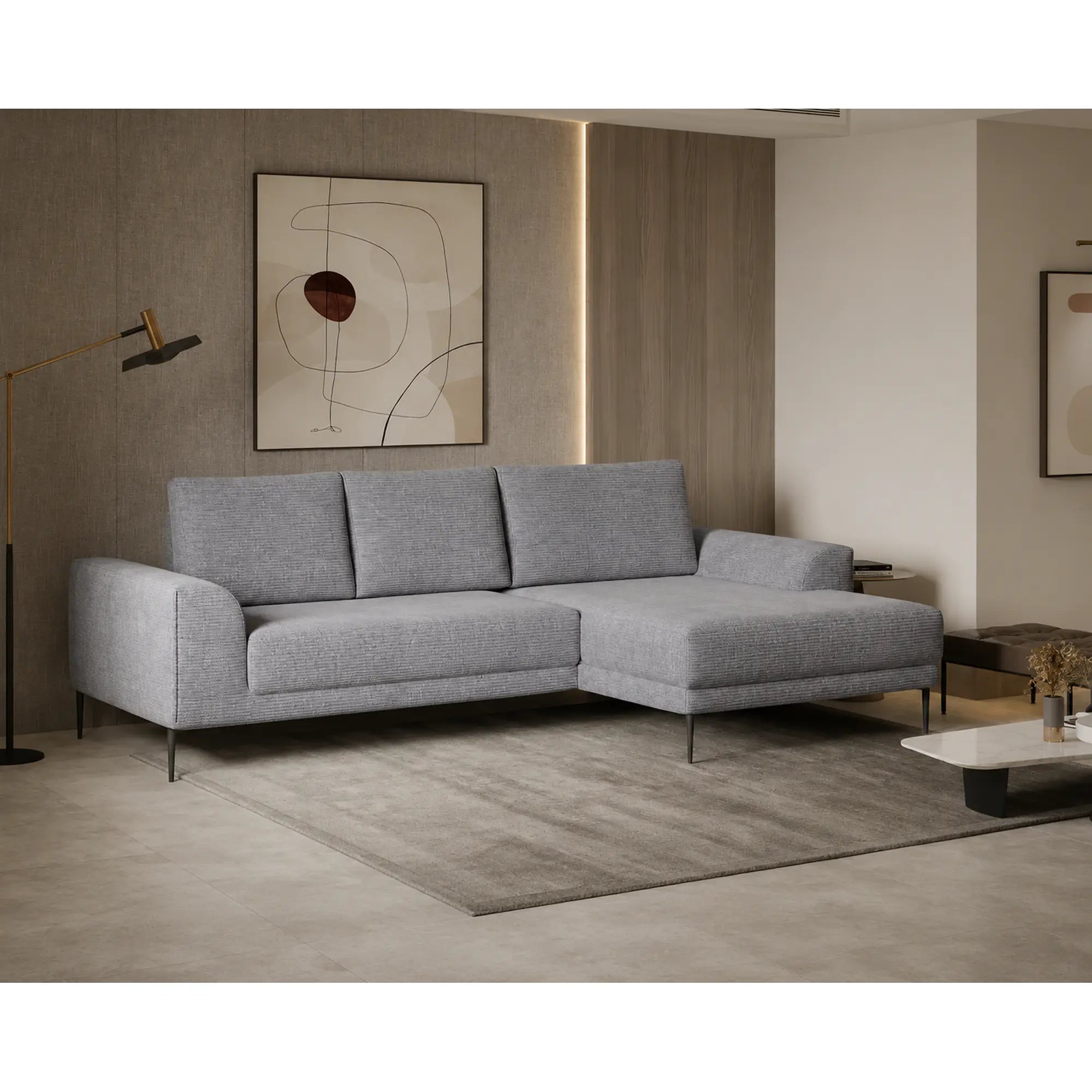 Coltar extensibil CAPITOL, sezlong dreapta, stofa catifelata gri - Whisper 17, cu lada depozitare, 276x175x89 cm