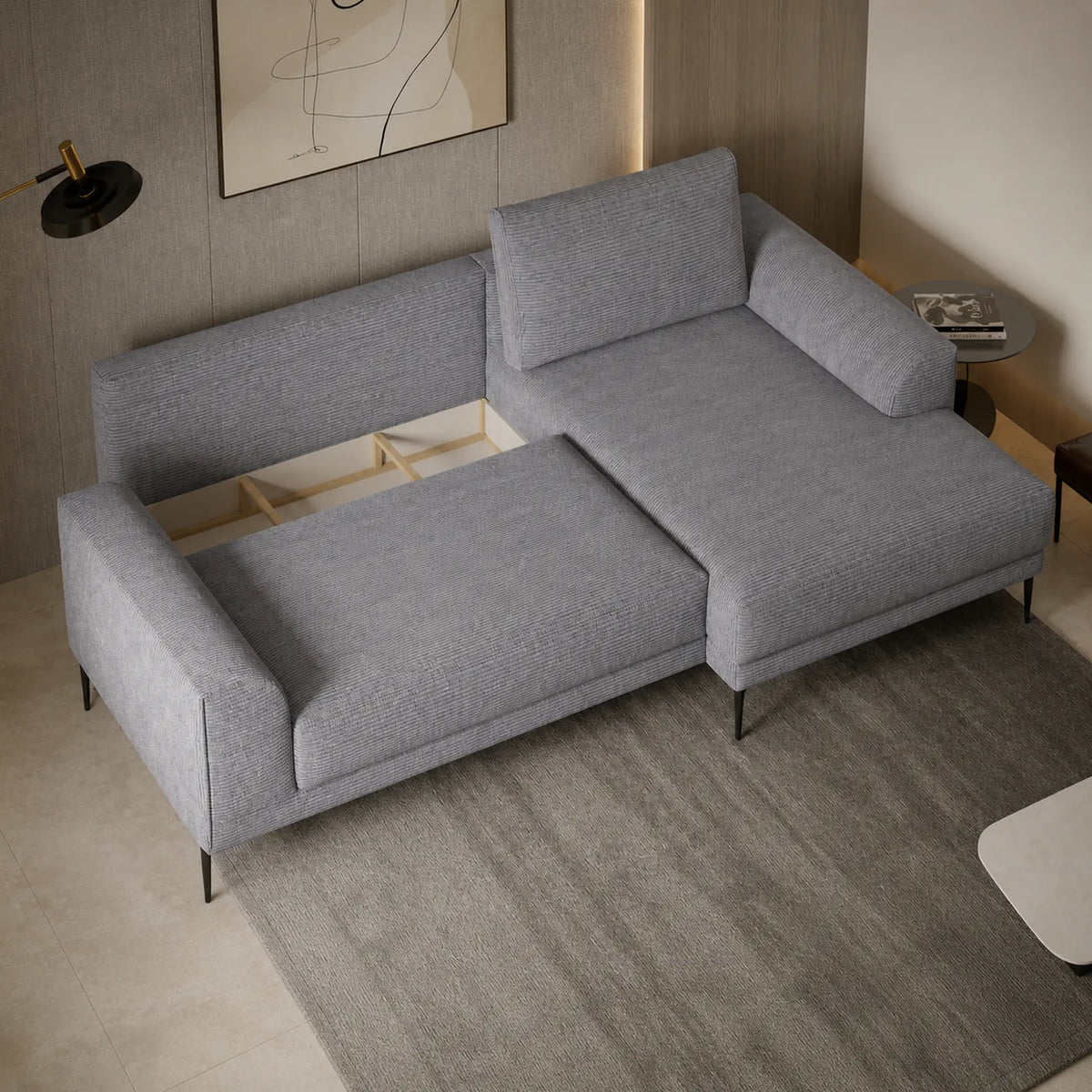 Coltar extensibil CAPITOL, sezlong dreapta, stofa catifelata gri - Whisper 17, cu lada depozitare, 276x175x89 cm