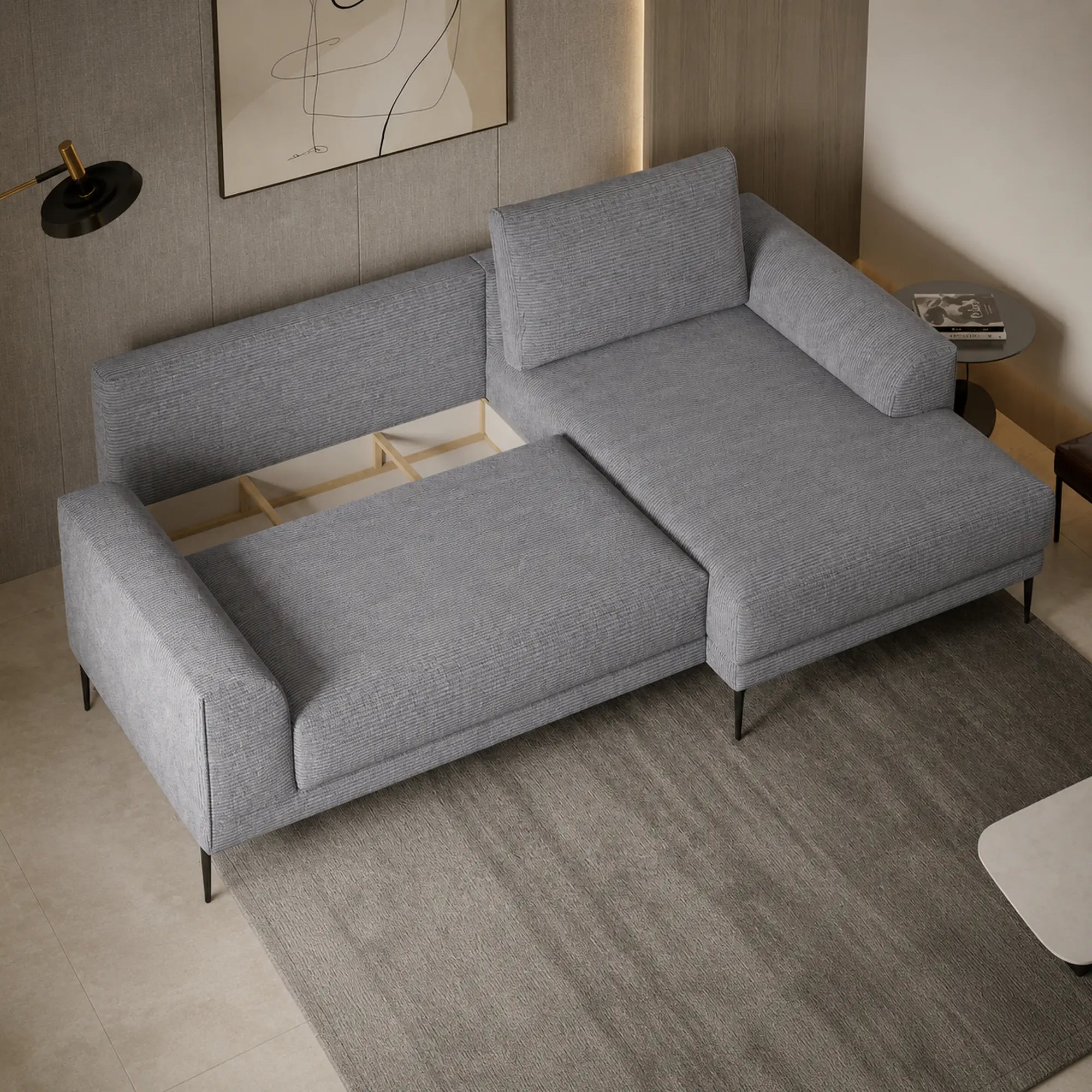 Coltar extensibil CAPITOL, sezlong dreapta, stofa catifelata gri - Whisper 17, cu lada depozitare, 276x175x89 cm