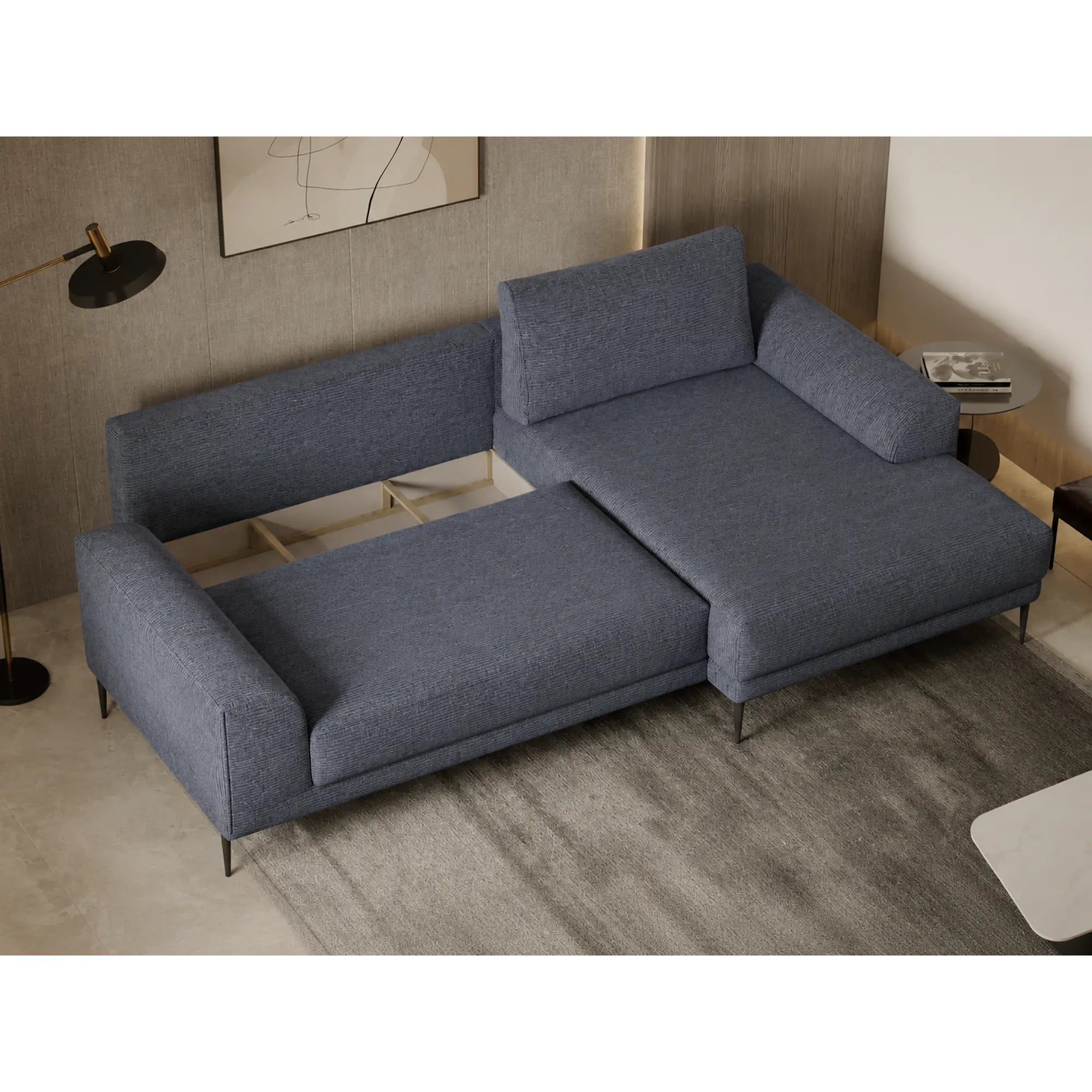 Coltar extensibil CAPITOL, sezlong dreapta, stofa catifelata gri inchis - Whisper 15, cu lada depozitare, 276x175x89 cm