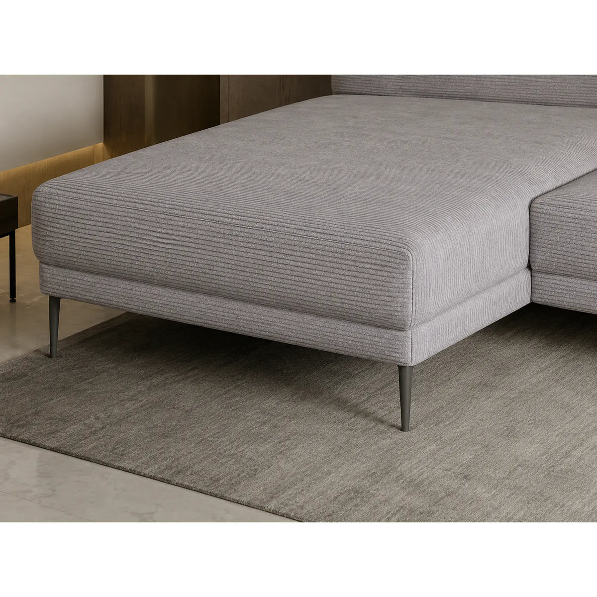 Coltar extensibil CAPITOL, sezlong stanga, stofa catifelata gri - Whisper 17, cu lada depozitare, 276x175x89 cm