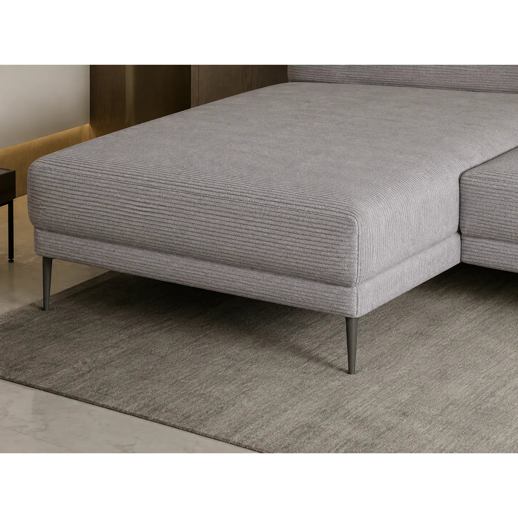 Coltar extensibil CAPITOL, sezlong stanga, stofa catifelata gri - Whisper 17, cu lada depozitare, 276x175x89 cm