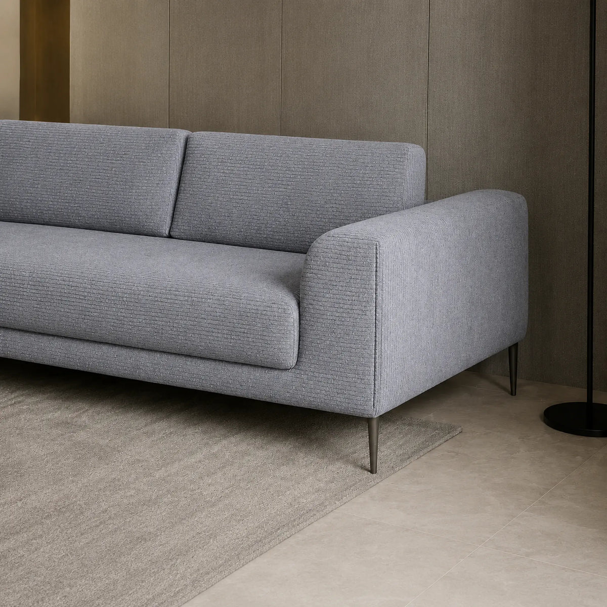 Coltar extensibil CAPITOL, sezlong stanga, stofa catifelata gri - Whisper 17, cu lada depozitare, 276x175x89 cm
